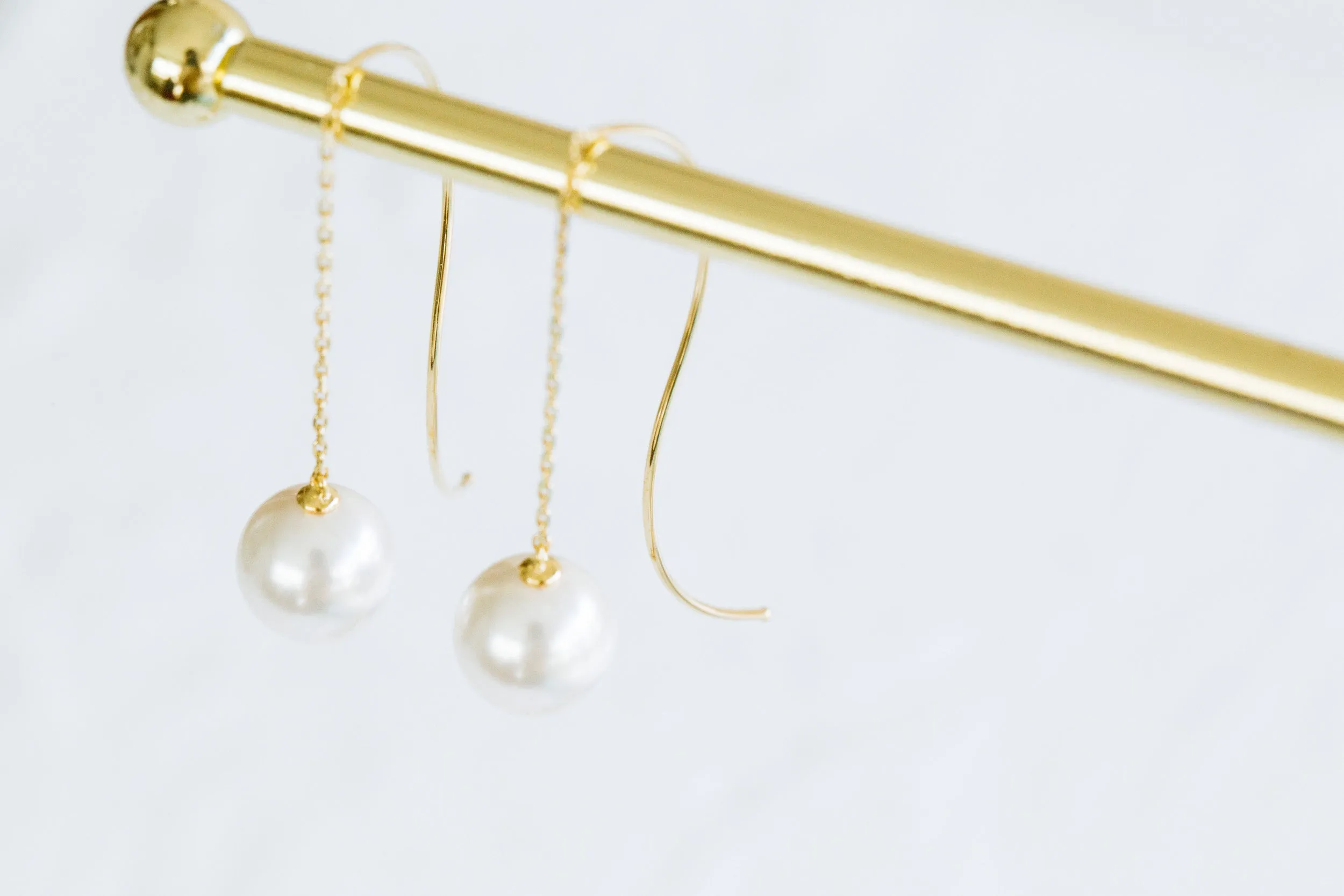 925 Sterling Silver Ear Studs Curved Long Wire Pin Dangling Simulated Pearl Cahin Earrings