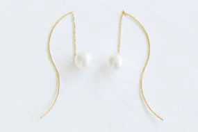 925 Sterling Silver Ear Studs Curved Long Wire Pin Dangling Simulated Pearl Cahin Earrings