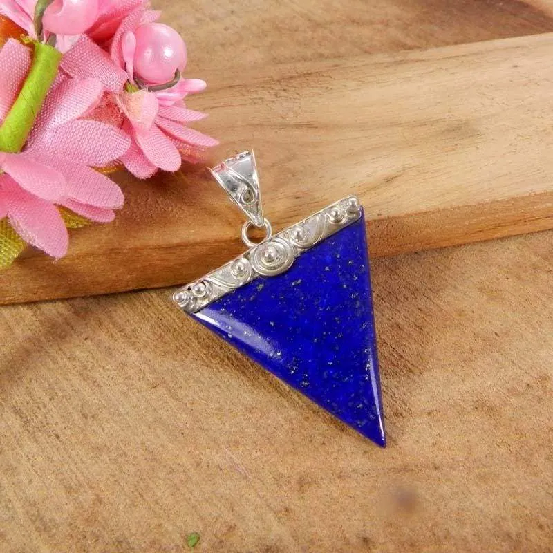 925 Sterling Silver Lapis Lazuli Triangle Bezel Set Pendant Jewelry