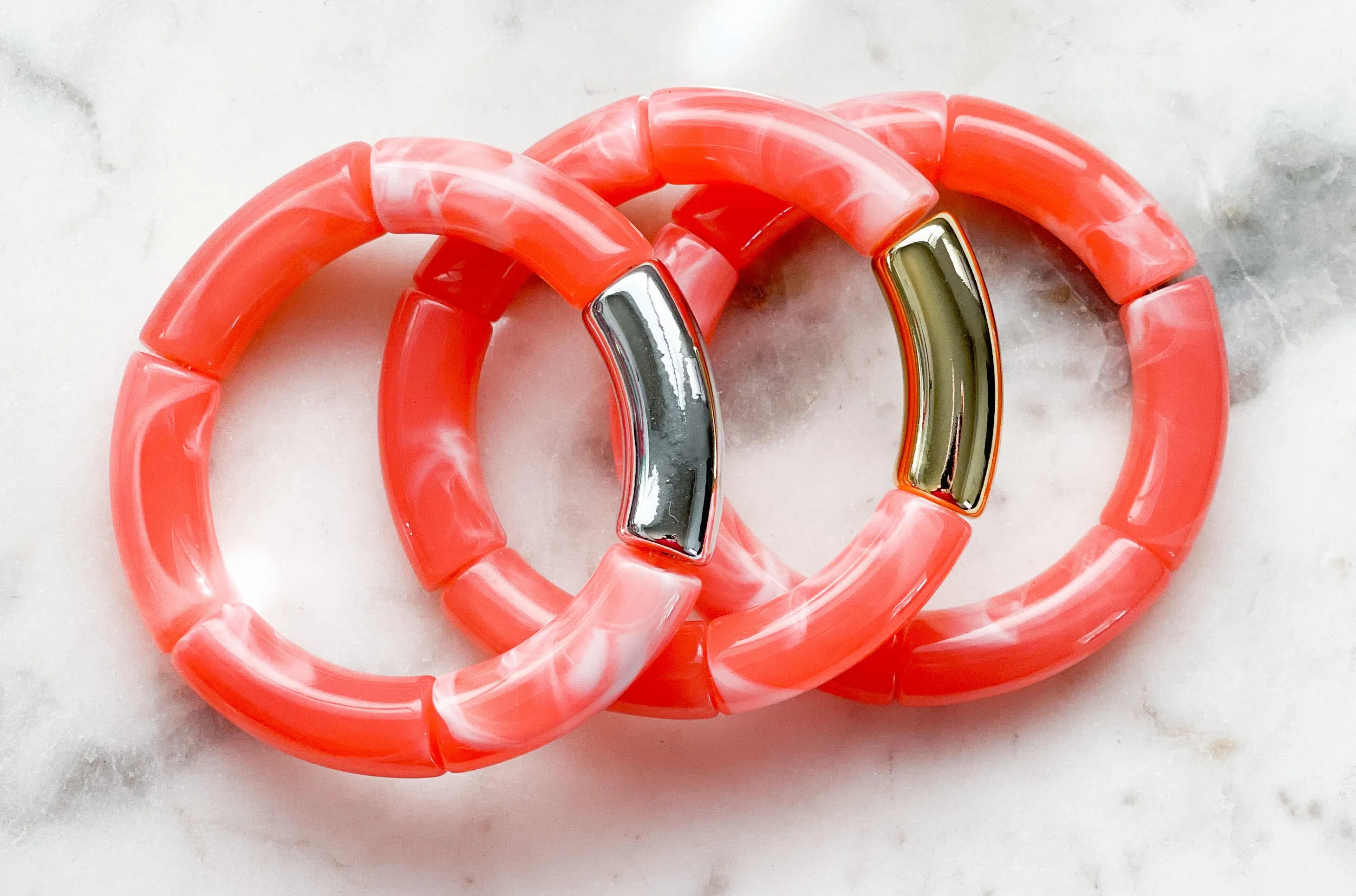 Acrylic Bamboo Bangle Bracelet Marbled Coral Pink