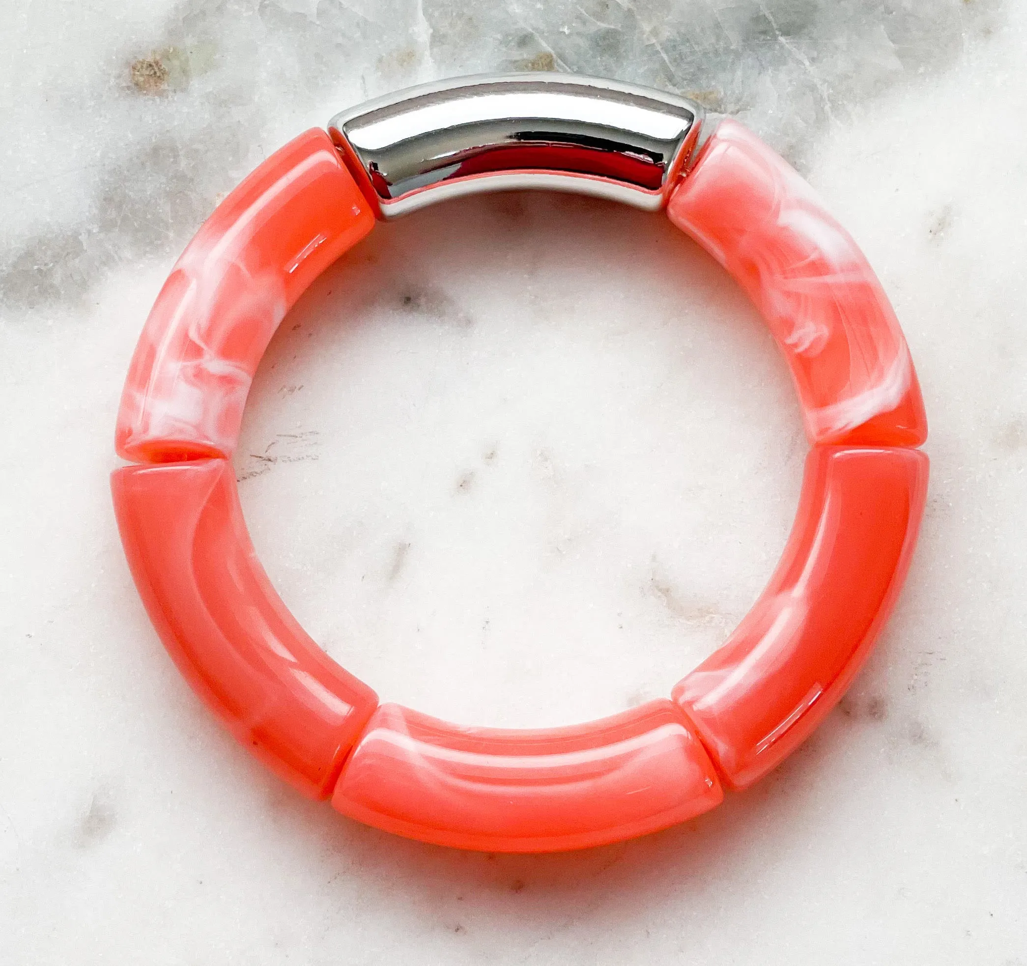 Acrylic Bamboo Bangle Bracelet Marbled Coral Pink