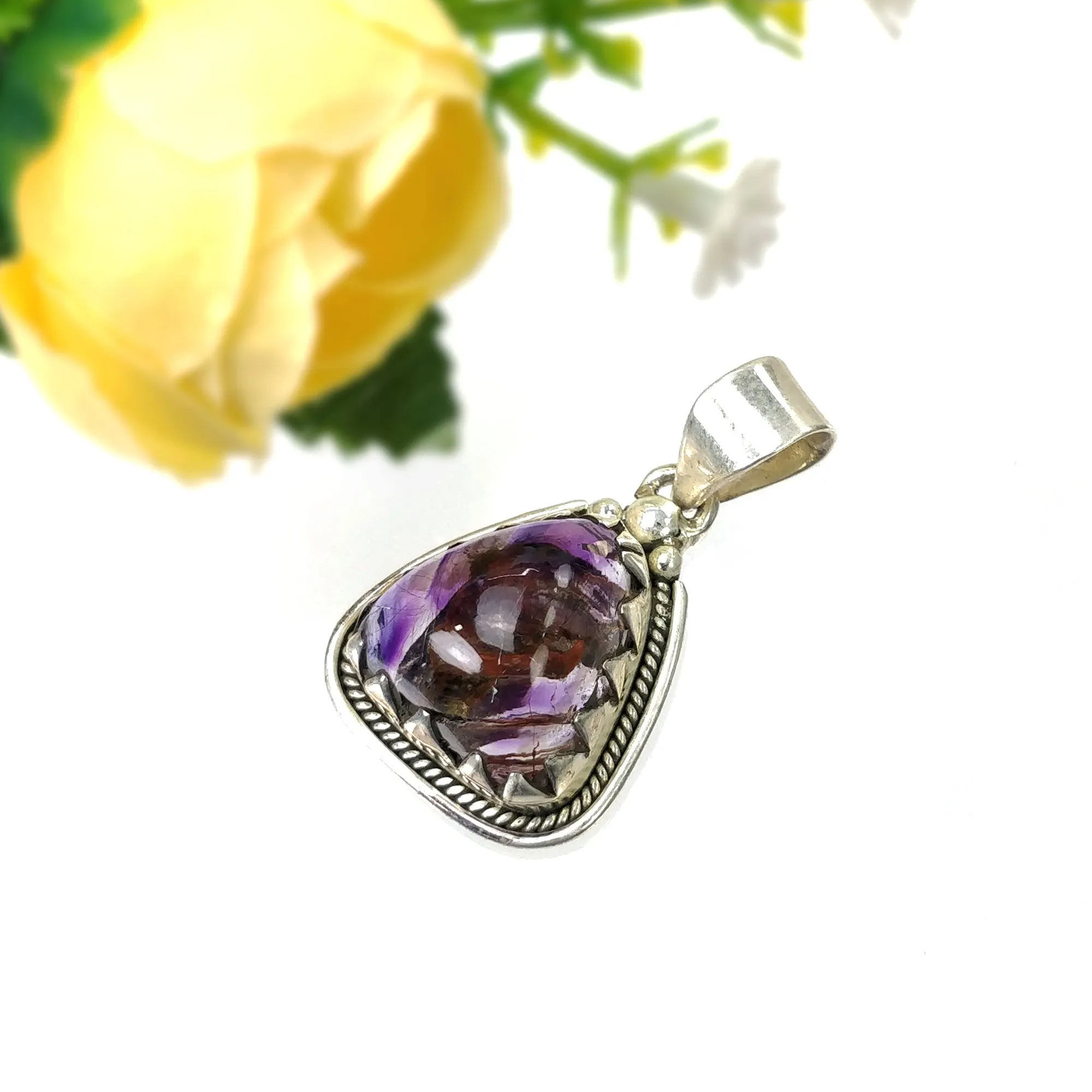 AMETHYST Gemstone 925 Sterling Silver Pendant : 7.42gms Natural Untreated Purple Amethyst Cabochon Bezel Set Pendant 1.5"