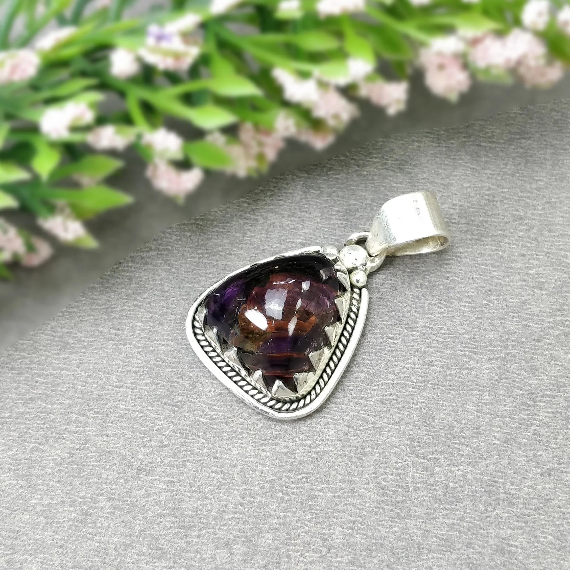 AMETHYST Gemstone 925 Sterling Silver Pendant : 7.42gms Natural Untreated Purple Amethyst Cabochon Bezel Set Pendant 1.5"