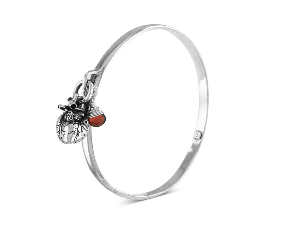 Anatomical Heart Bangle with Garnet - Silver