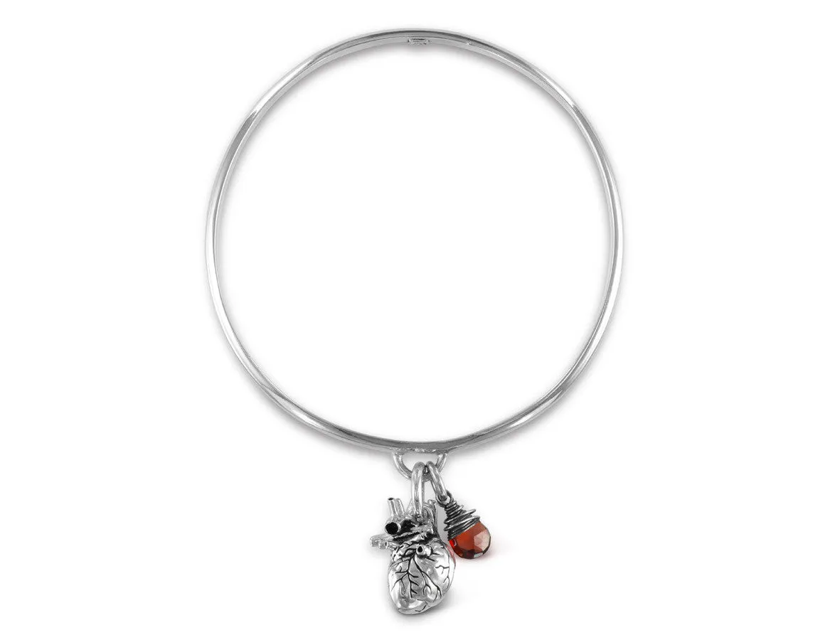 Anatomical Heart Bangle with Garnet - Silver