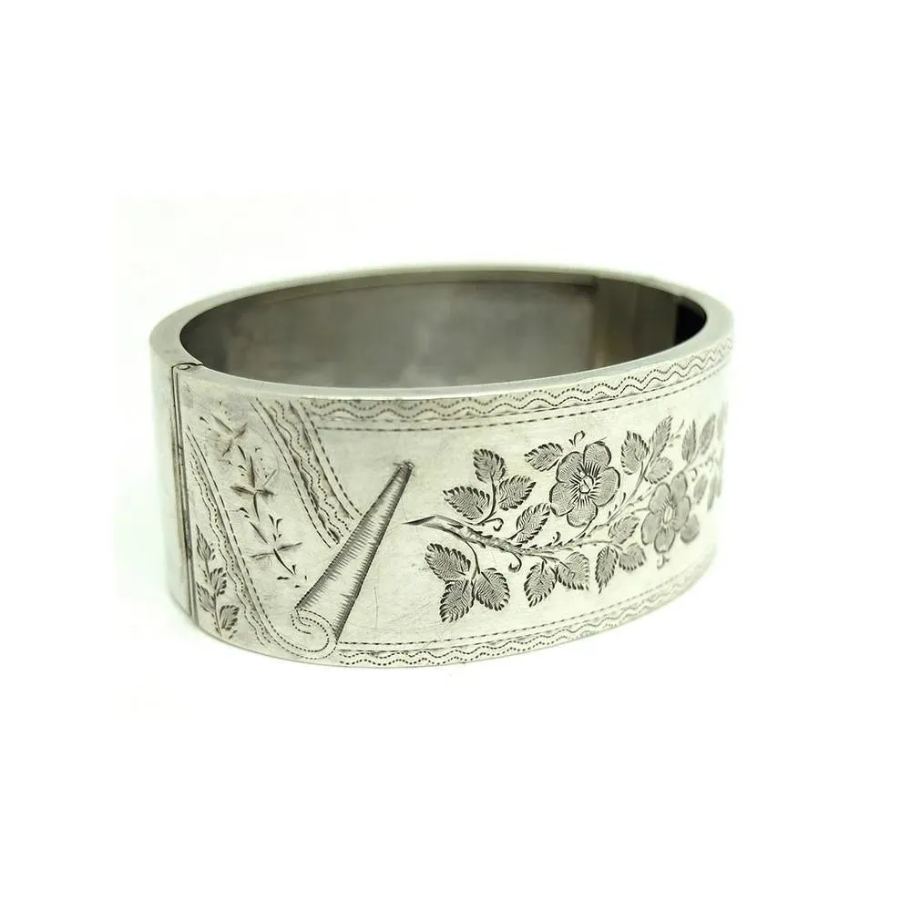 Antique Victorian Oval Engraved Silver Bangle Bracelet