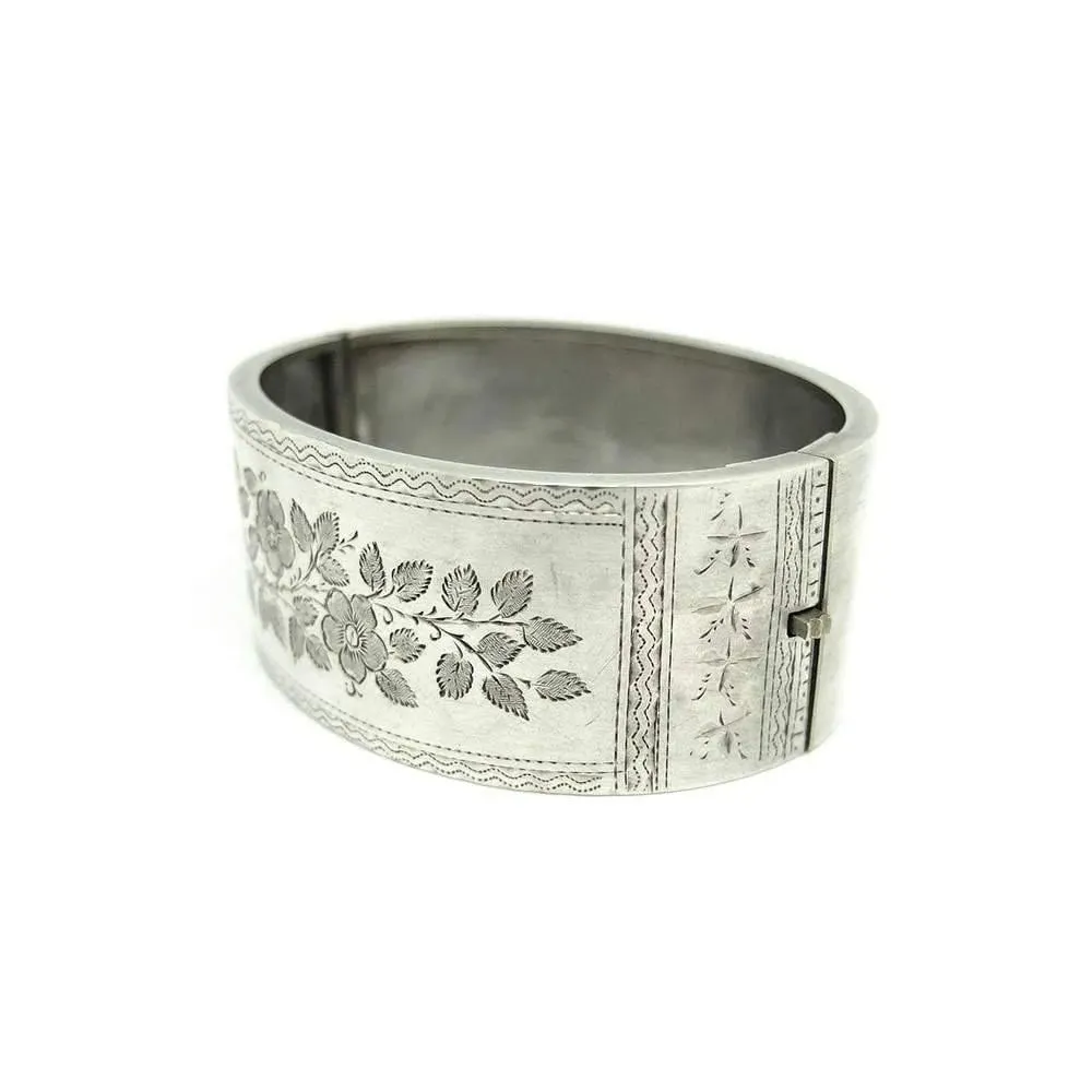 Antique Victorian Oval Engraved Silver Bangle Bracelet