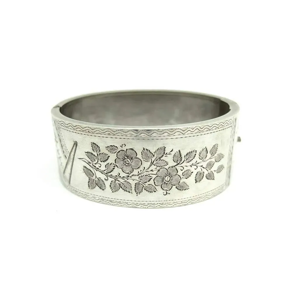 Antique Victorian Oval Engraved Silver Bangle Bracelet