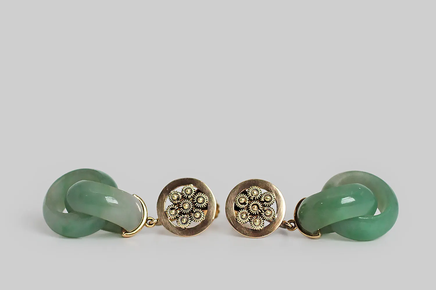 Art Deco Era Canetille & Green Jade Joined Rings Earrings in 14k Gold