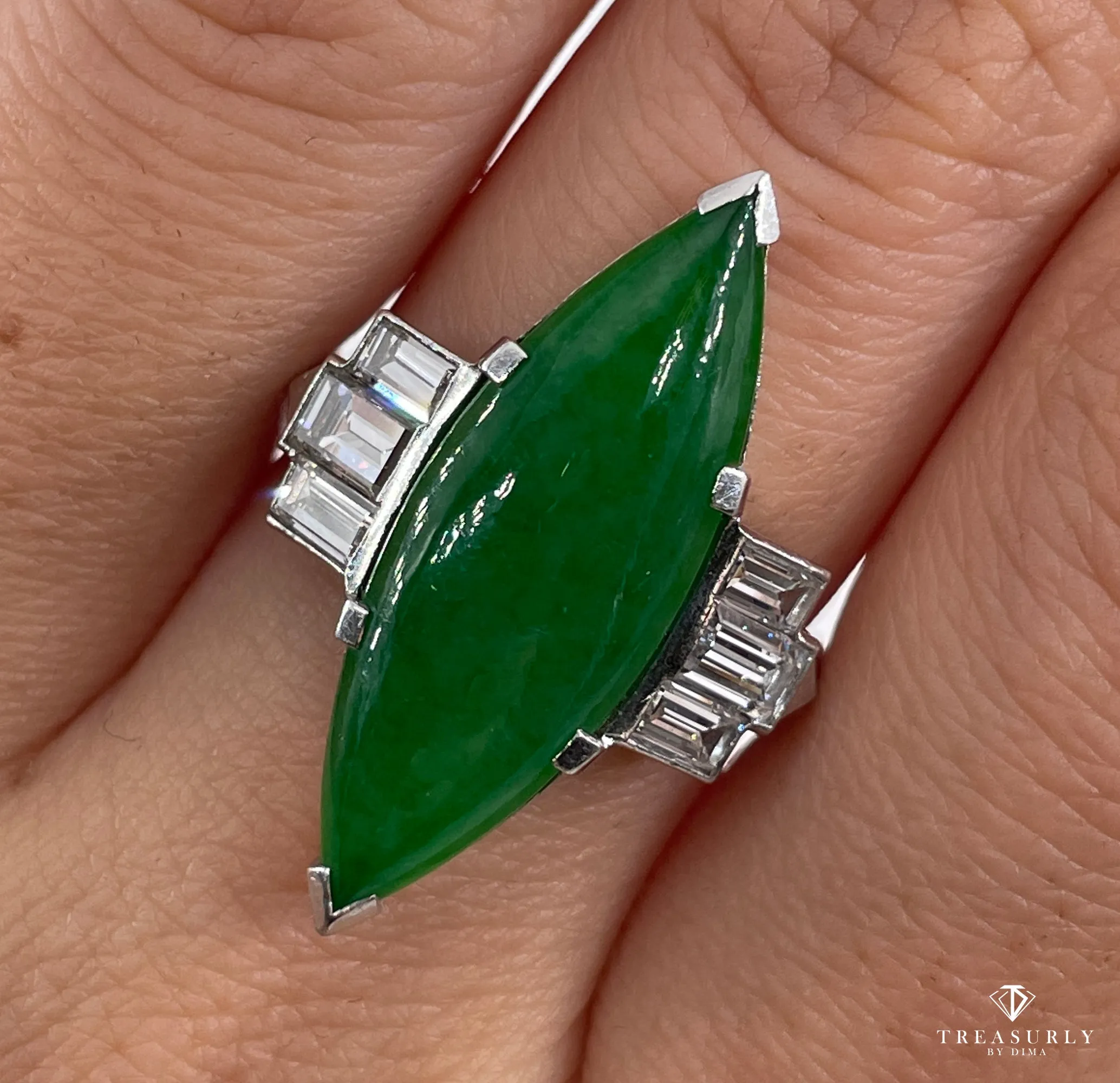 Art Deco Natural UNTREATED GIA 6.60ct Jade JADEITE Diamond Platinum Ring