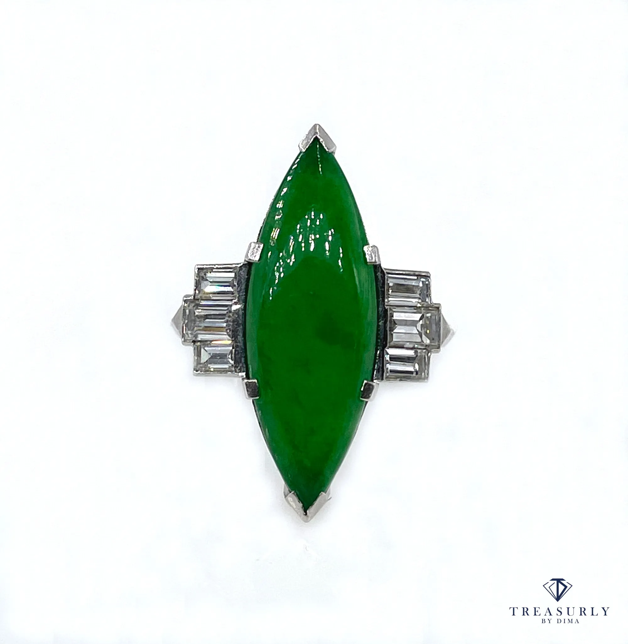 Art Deco Natural UNTREATED GIA 6.60ct Jade JADEITE Diamond Platinum Ring