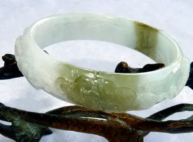 Auspicious Spiritual Carved Burmese Jadeite Old Mine Bangle Bracelet 57 mm (BB2901)