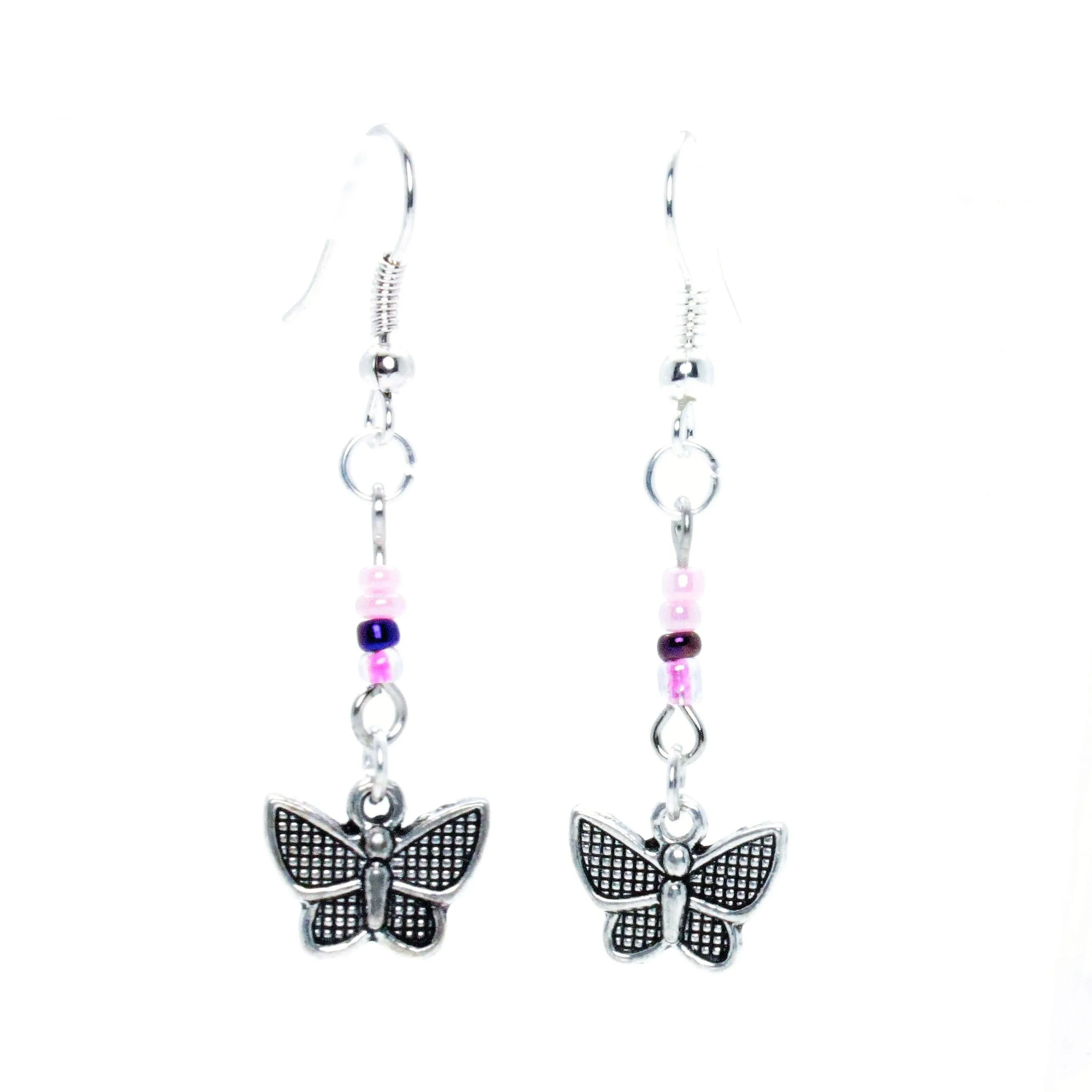 AVBeads Jewelry Charm Earrings Dangle Silver Hook Beaded Pink Butterfly