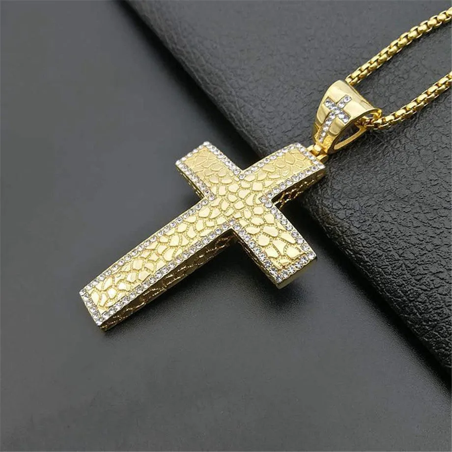 Big Gold IP-Plated Stainless-Steel CZ Textured Cross Pendant Necklace