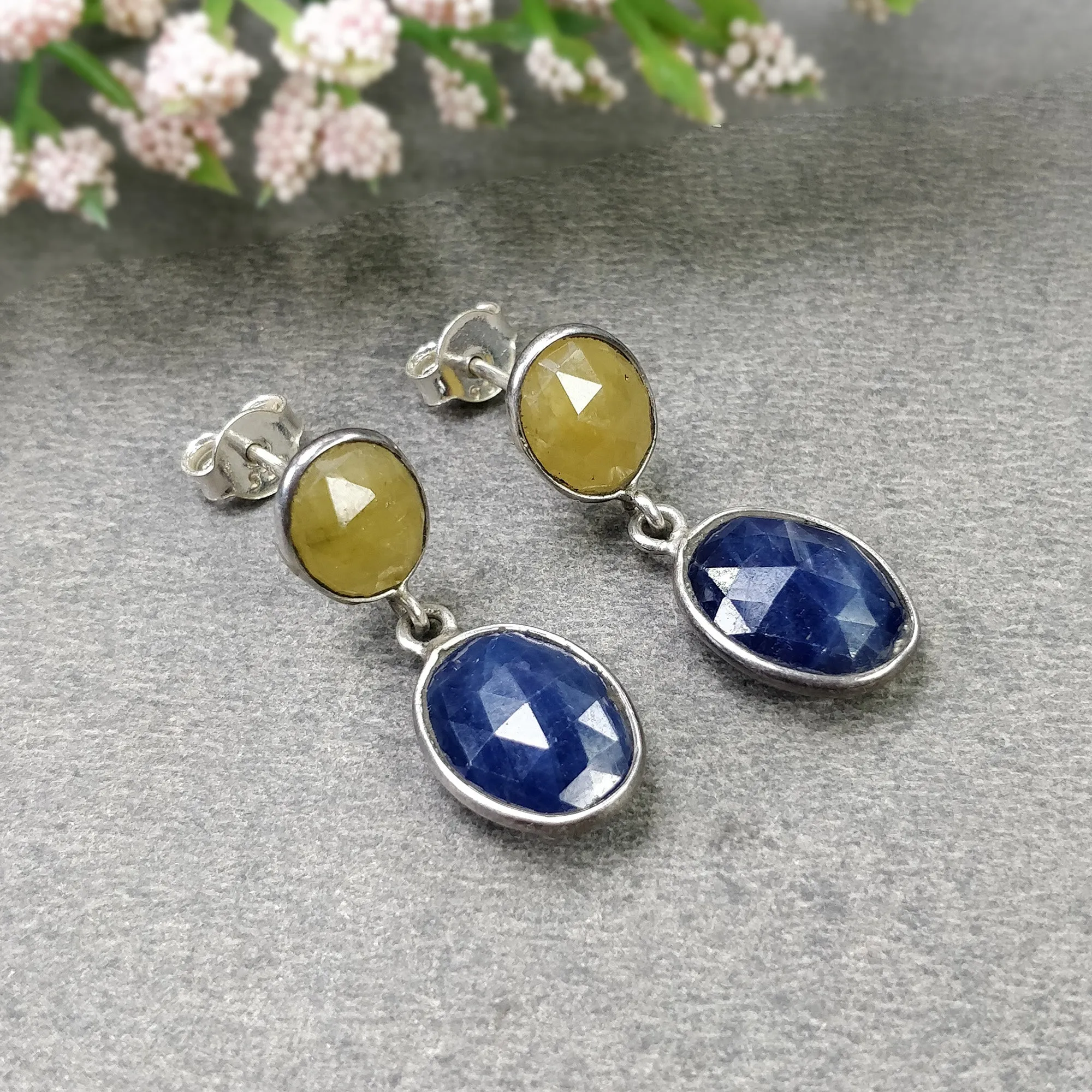 BLUE & YELLOW SAPPHIRE Gemstone Bezel Set Earrings : 4.08gms Natural 925 Sterling Silver Drop Dangle Push Back Earrings 1"