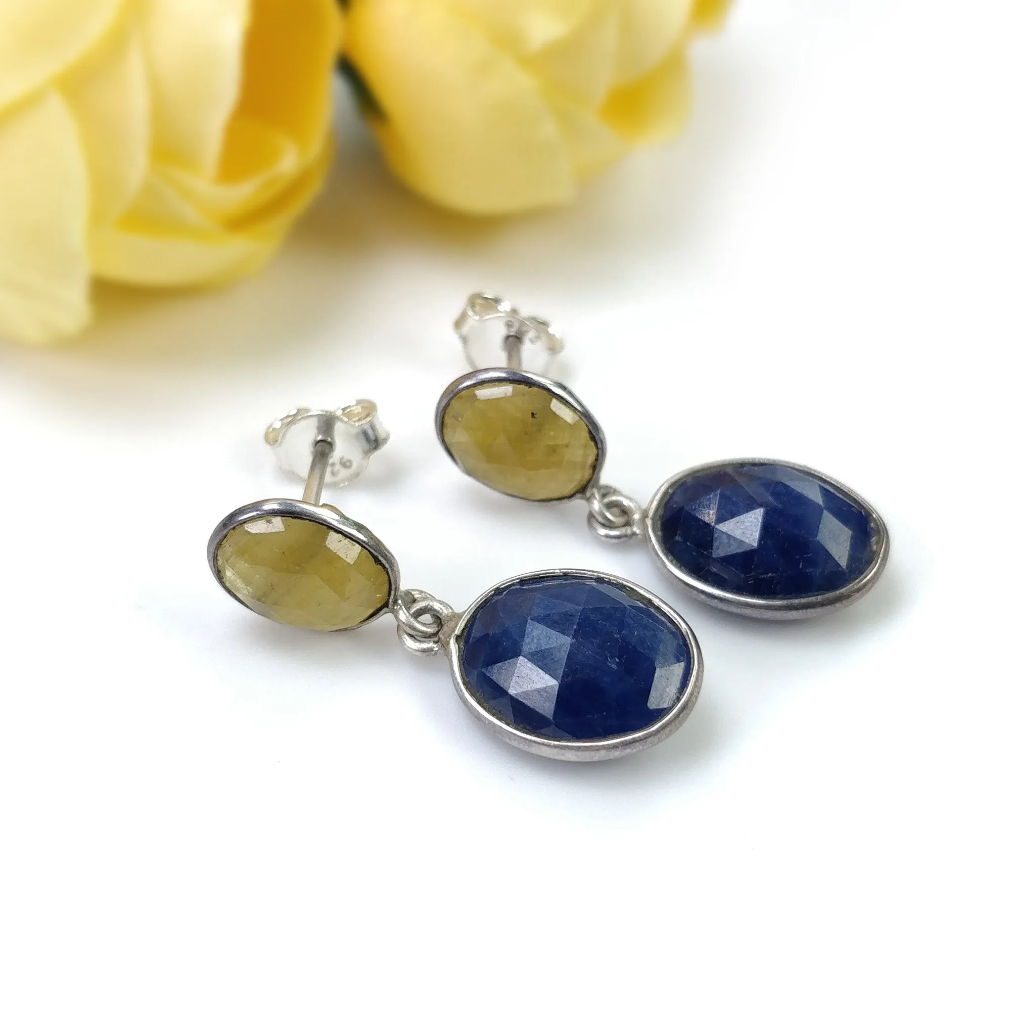 BLUE & YELLOW SAPPHIRE Gemstone Bezel Set Earrings : 4.08gms Natural 925 Sterling Silver Drop Dangle Push Back Earrings 1"