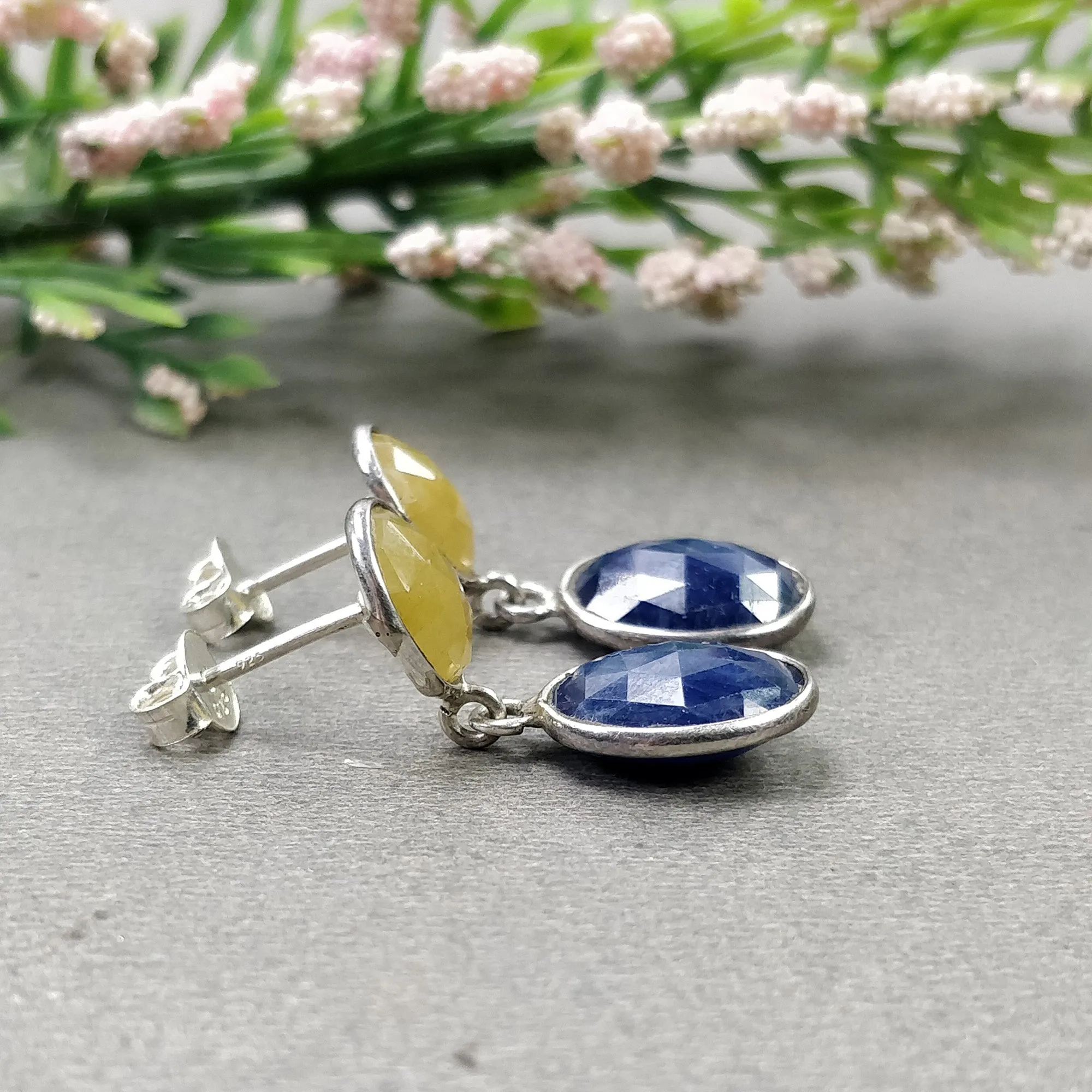 BLUE & YELLOW SAPPHIRE Gemstone Bezel Set Earrings : 4.08gms Natural 925 Sterling Silver Drop Dangle Push Back Earrings 1"