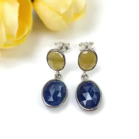 BLUE & YELLOW SAPPHIRE Gemstone Bezel Set Earrings : 4.08gms Natural 925 Sterling Silver Drop Dangle Push Back Earrings 1"