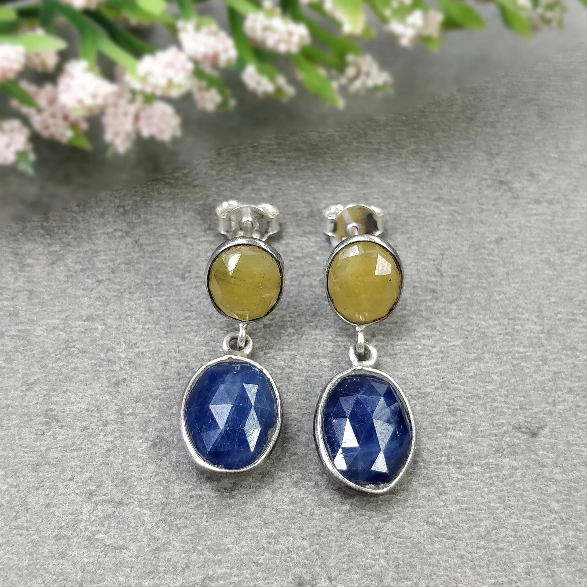 BLUE & YELLOW SAPPHIRE Gemstone Bezel Set Earrings : 4.08gms Natural 925 Sterling Silver Drop Dangle Push Back Earrings 1"