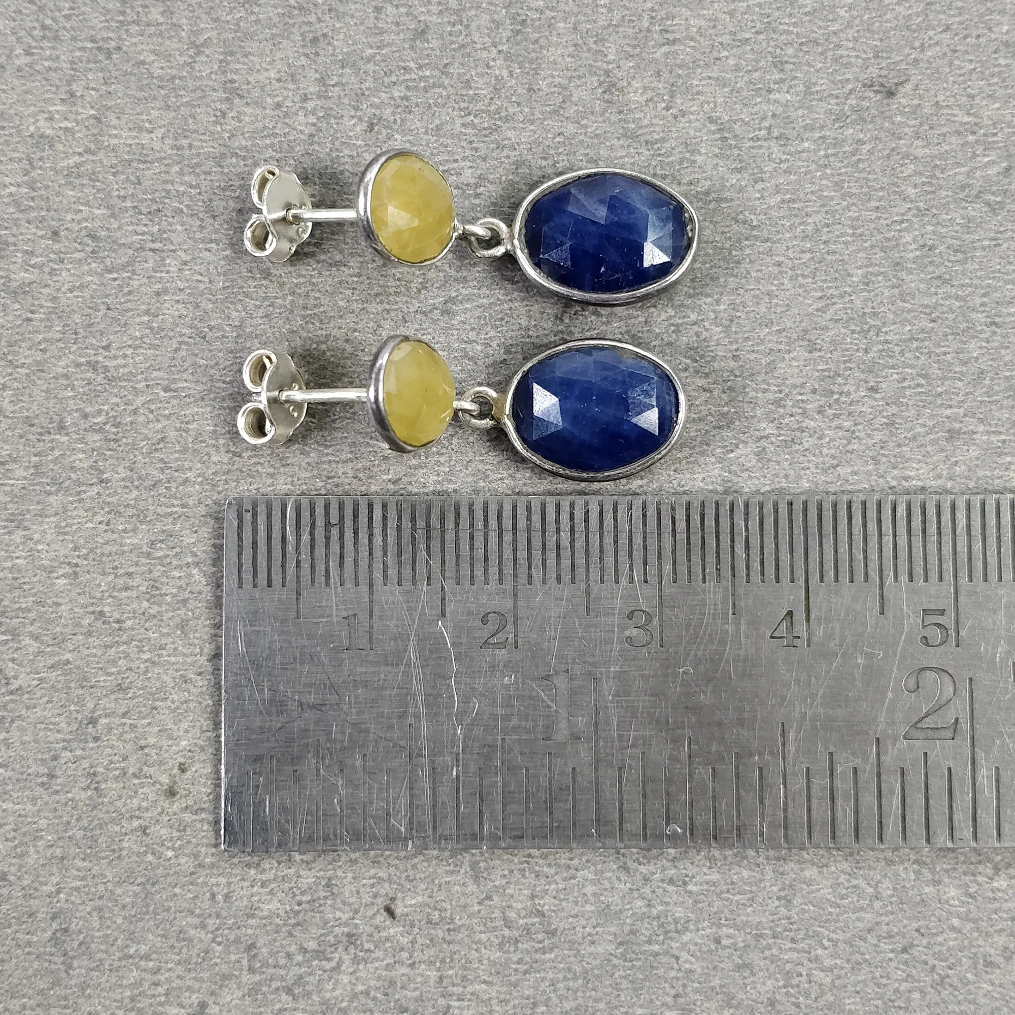 BLUE & YELLOW SAPPHIRE Gemstone Bezel Set Earrings : 4.08gms Natural 925 Sterling Silver Drop Dangle Push Back Earrings 1"