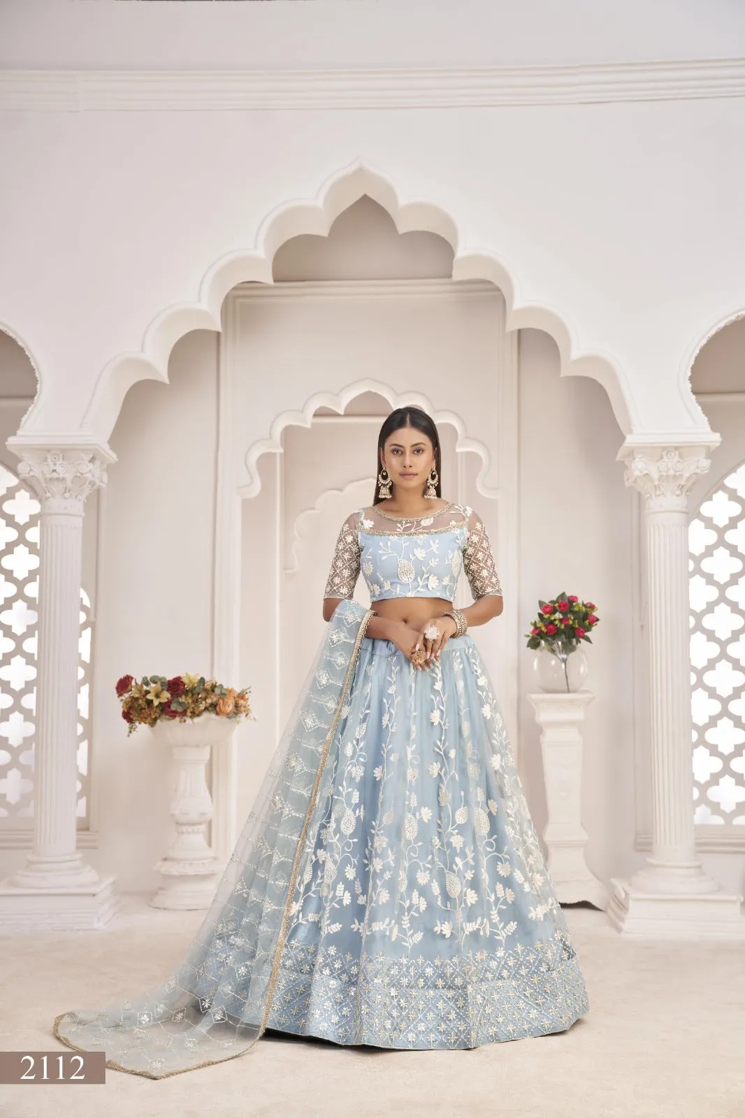 Blue Net Thread Work Lehenga (Semi - Stitched)