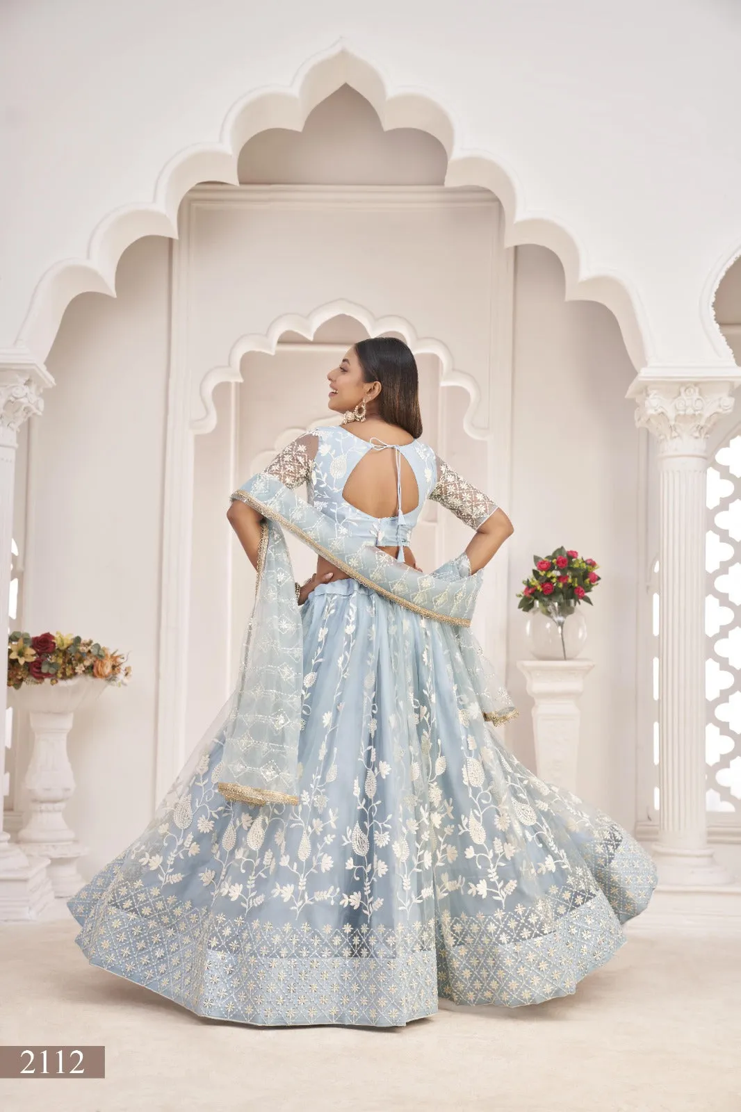 Blue Net Thread Work Lehenga (Semi - Stitched)