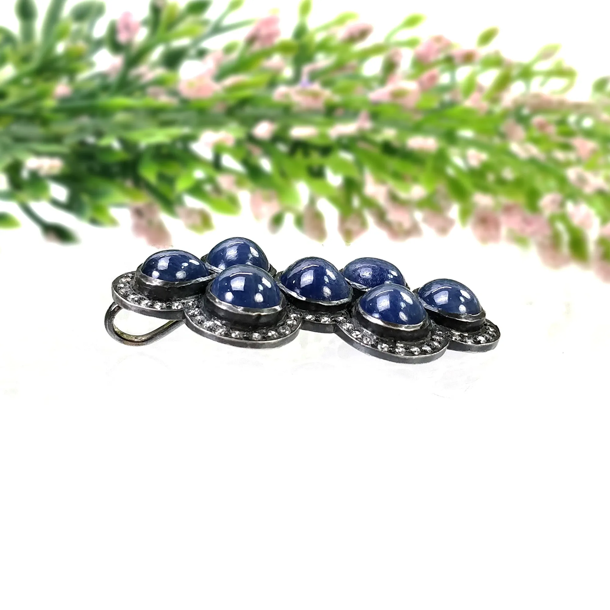 BLUE SAPPHIRE Gemstone With CZ Pendant: 18.130gms Natural Oval Cabochon 925 Sterling Silver Bezel Set Victorian Style Pendant 2"