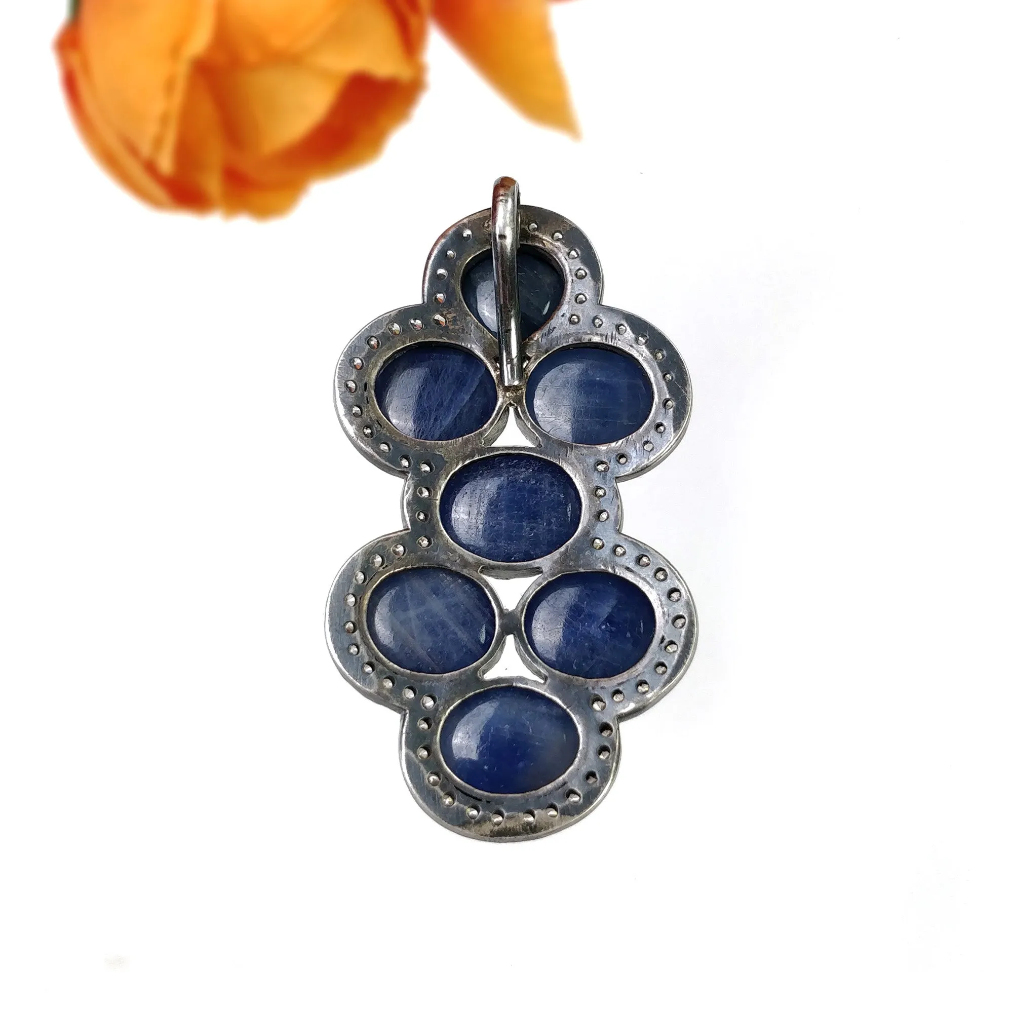 BLUE SAPPHIRE Gemstone With CZ Pendant: 18.130gms Natural Oval Cabochon 925 Sterling Silver Bezel Set Victorian Style Pendant 2"