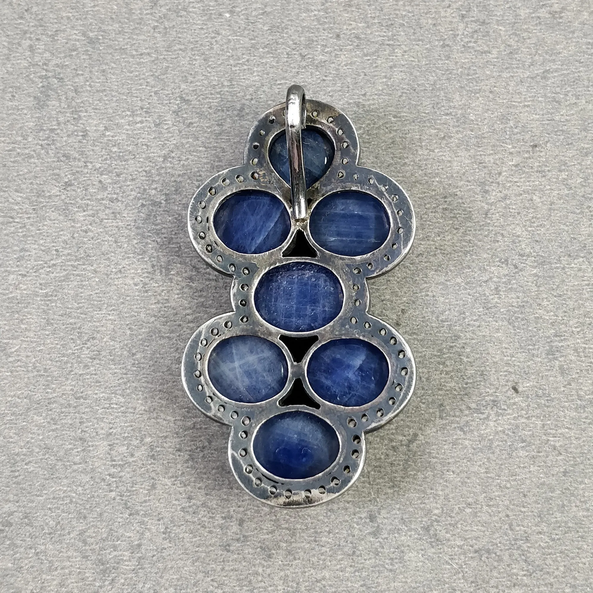 BLUE SAPPHIRE Gemstone With CZ Pendant: 18.130gms Natural Oval Cabochon 925 Sterling Silver Bezel Set Victorian Style Pendant 2"