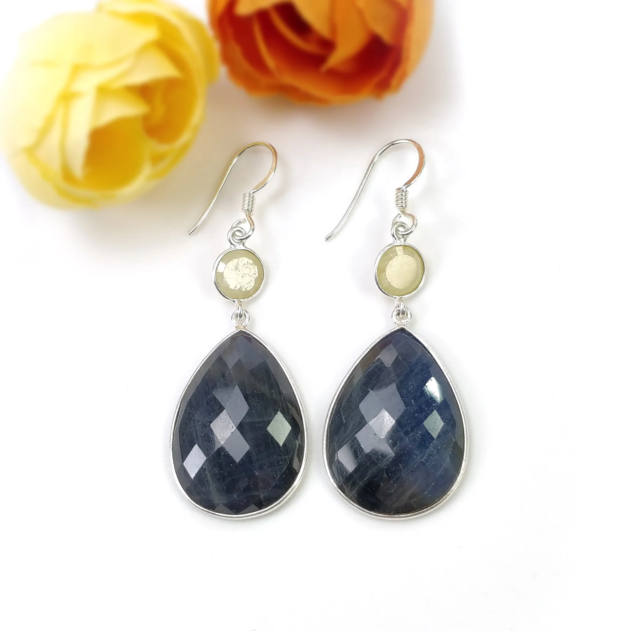 BLUE YELLOW SAPPHIRE Gemstone Earring : 10.64gms Natural Sapphire 925 Sterling Silver Drop Dangle Bezel Set Hook Earrings 2.25"