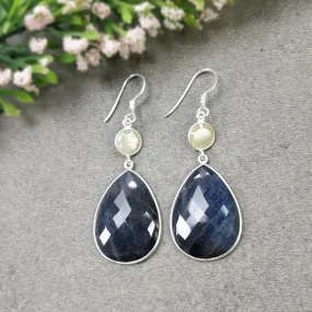 BLUE YELLOW SAPPHIRE Gemstone Earring : 10.64gms Natural Sapphire 925 Sterling Silver Drop Dangle Bezel Set Hook Earrings 2.25"