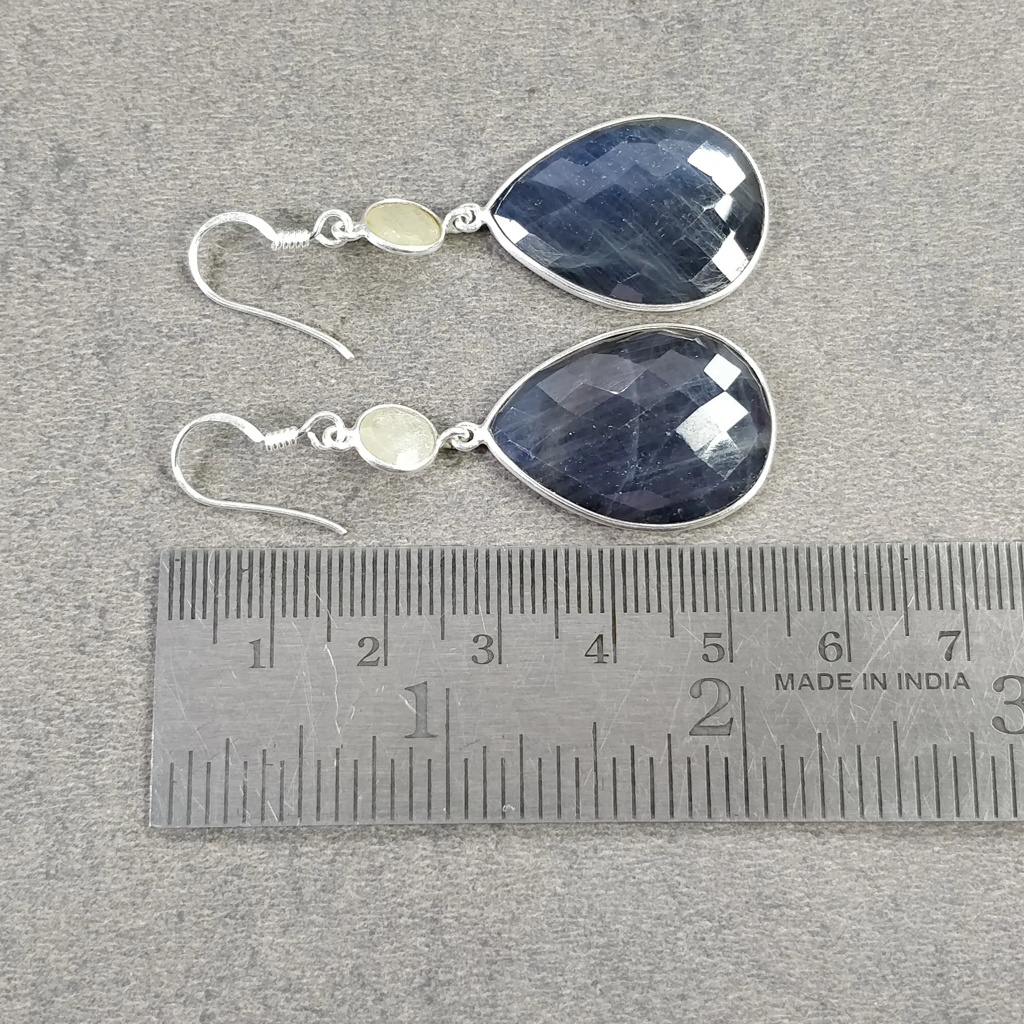 BLUE YELLOW SAPPHIRE Gemstone Earring : 10.64gms Natural Sapphire 925 Sterling Silver Drop Dangle Bezel Set Hook Earrings 2.25"