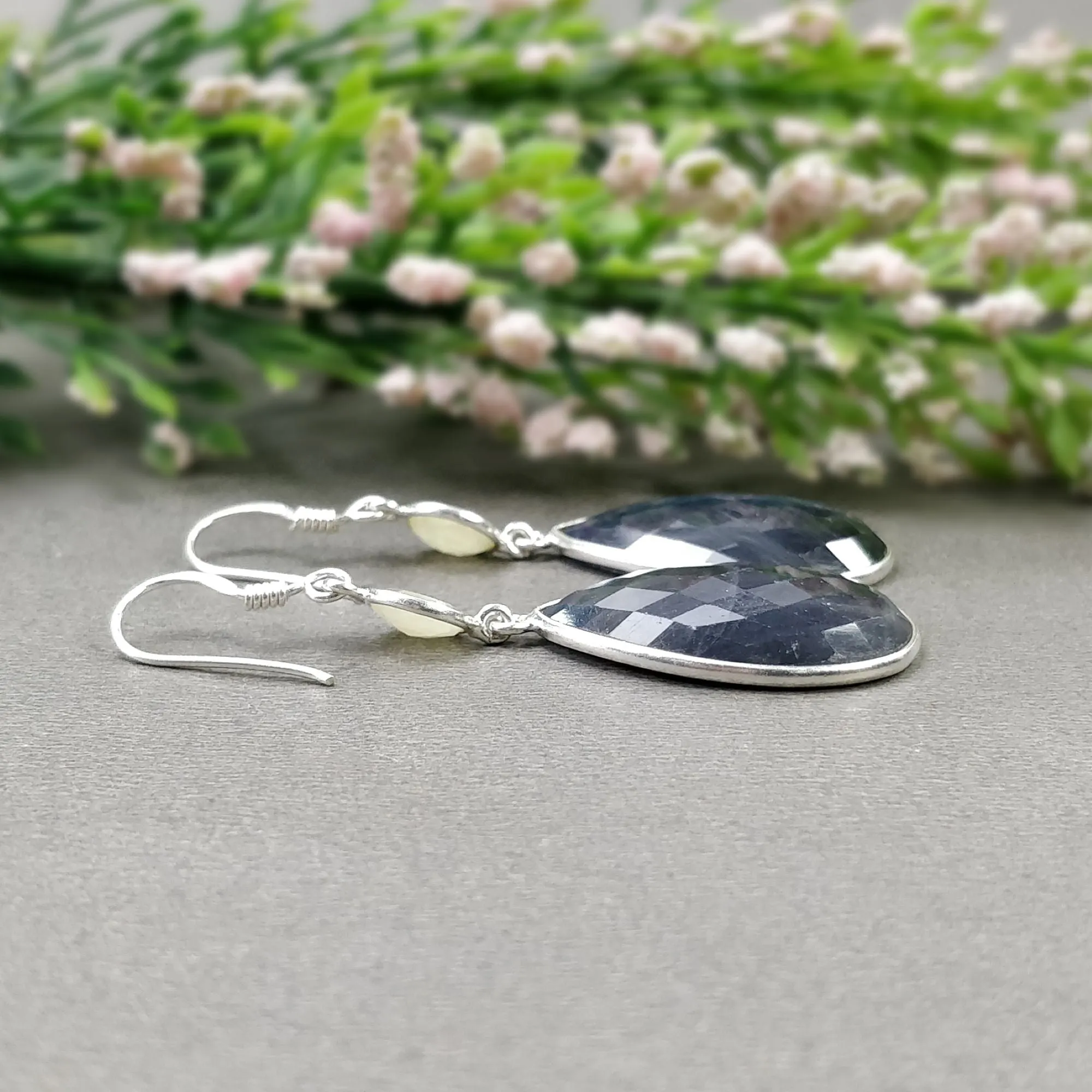 BLUE YELLOW SAPPHIRE Gemstone Earring : 10.64gms Natural Sapphire 925 Sterling Silver Drop Dangle Bezel Set Hook Earrings 2.25"