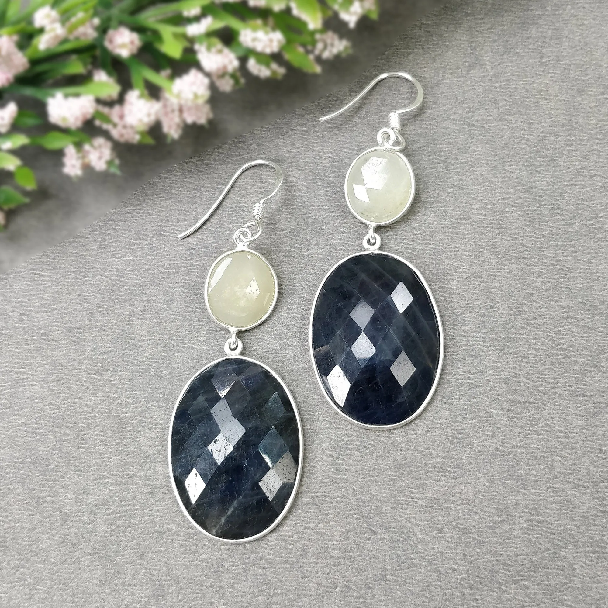 BLUE YELLOW SAPPHIRE Gemstone Earring : 12.46gms Natural Sapphire 925 Sterling Silver Drop Dangle Bezel Set Earrings 2.28"