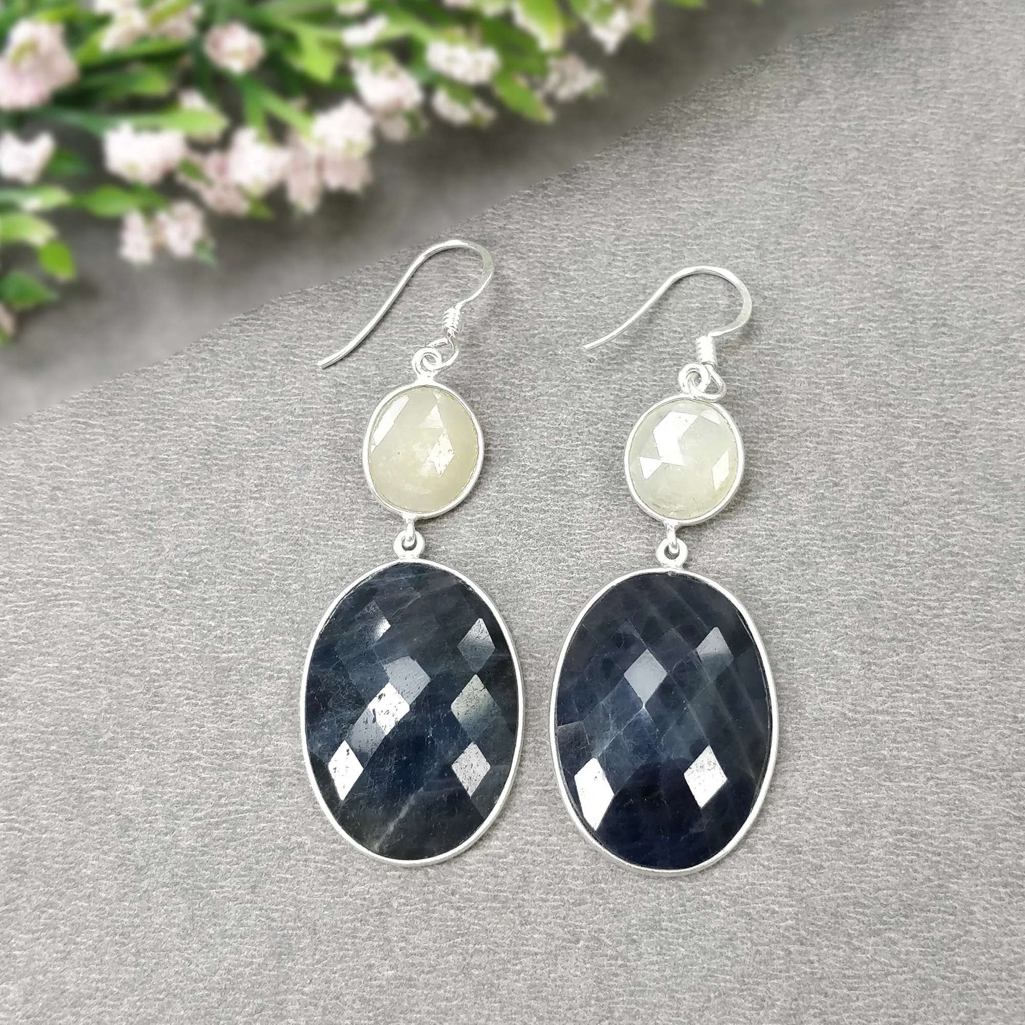 BLUE YELLOW SAPPHIRE Gemstone Earring : 12.46gms Natural Sapphire 925 Sterling Silver Drop Dangle Bezel Set Earrings 2.28"