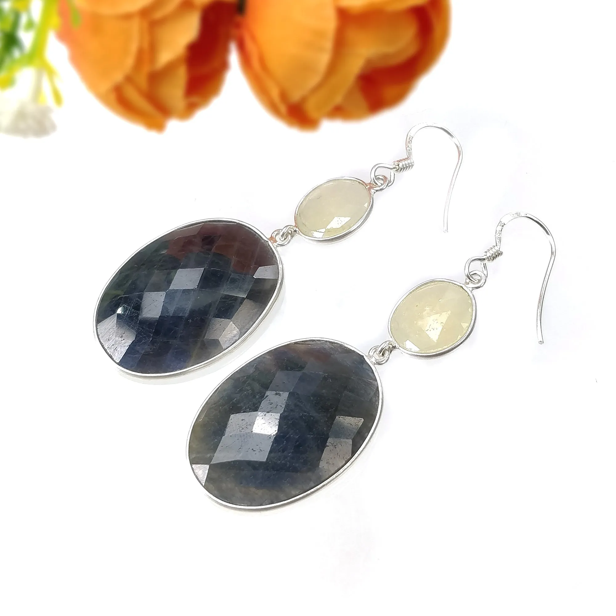 BLUE YELLOW SAPPHIRE Gemstone Earring : 12.46gms Natural Sapphire 925 Sterling Silver Drop Dangle Bezel Set Earrings 2.28"