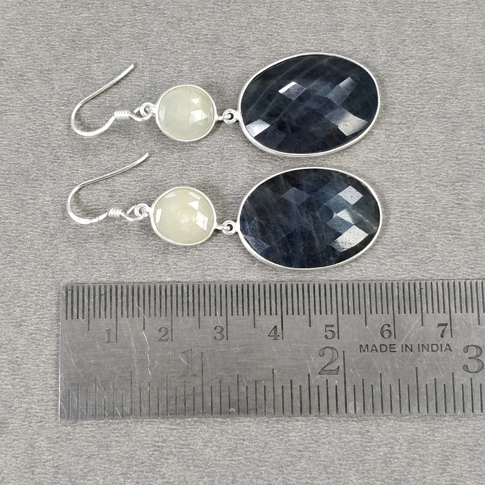 BLUE YELLOW SAPPHIRE Gemstone Earring : 12.46gms Natural Sapphire 925 Sterling Silver Drop Dangle Bezel Set Earrings 2.28"