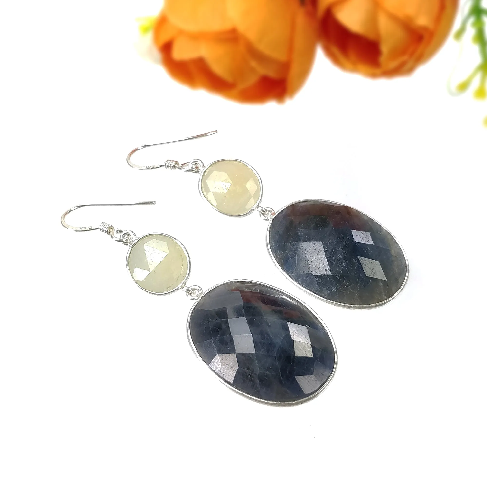 BLUE YELLOW SAPPHIRE Gemstone Earring : 12.46gms Natural Sapphire 925 Sterling Silver Drop Dangle Bezel Set Earrings 2.28"