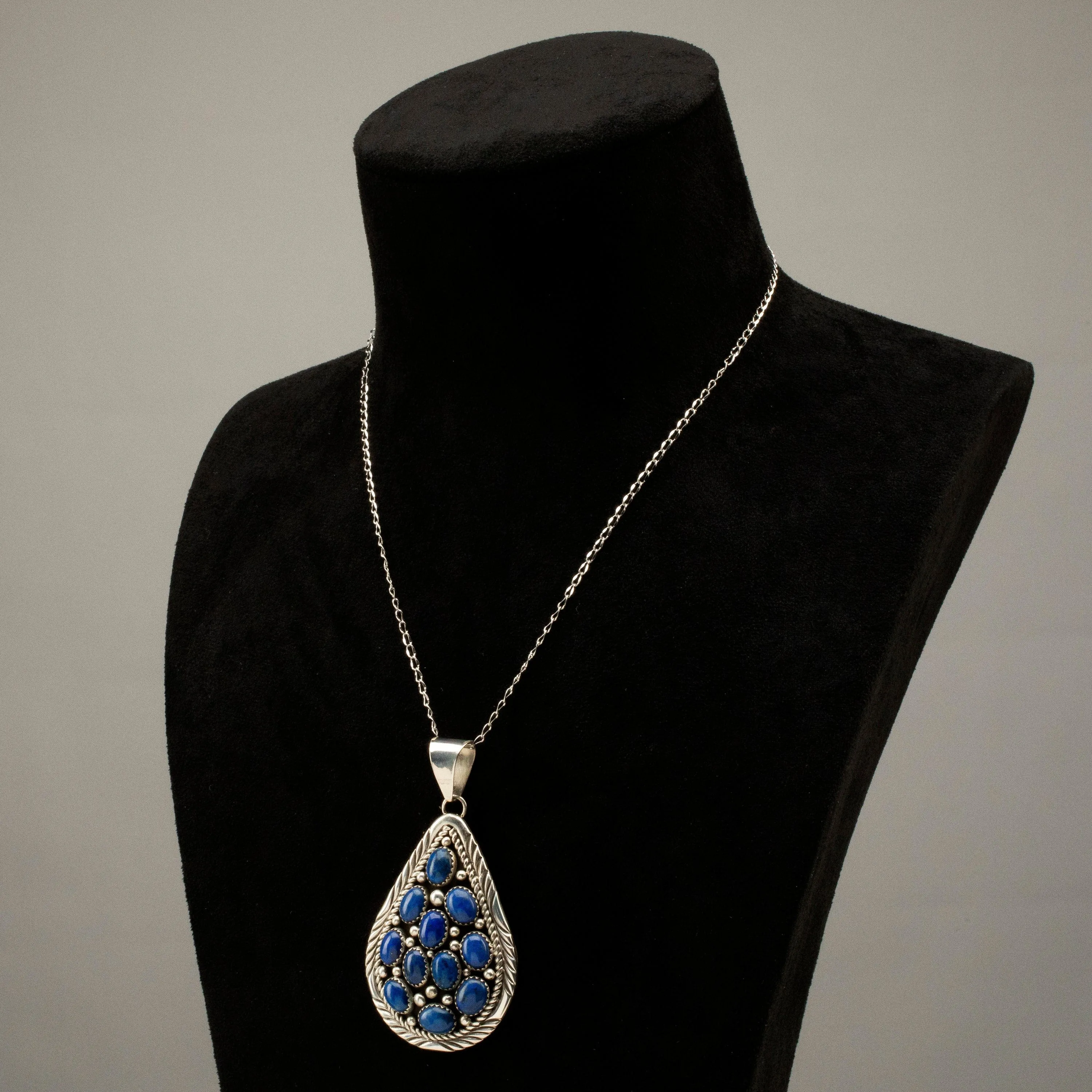 Bobby Johnson Lapis Teardrop Navajo USA Native American Made 925 Sterling Silver Pendant