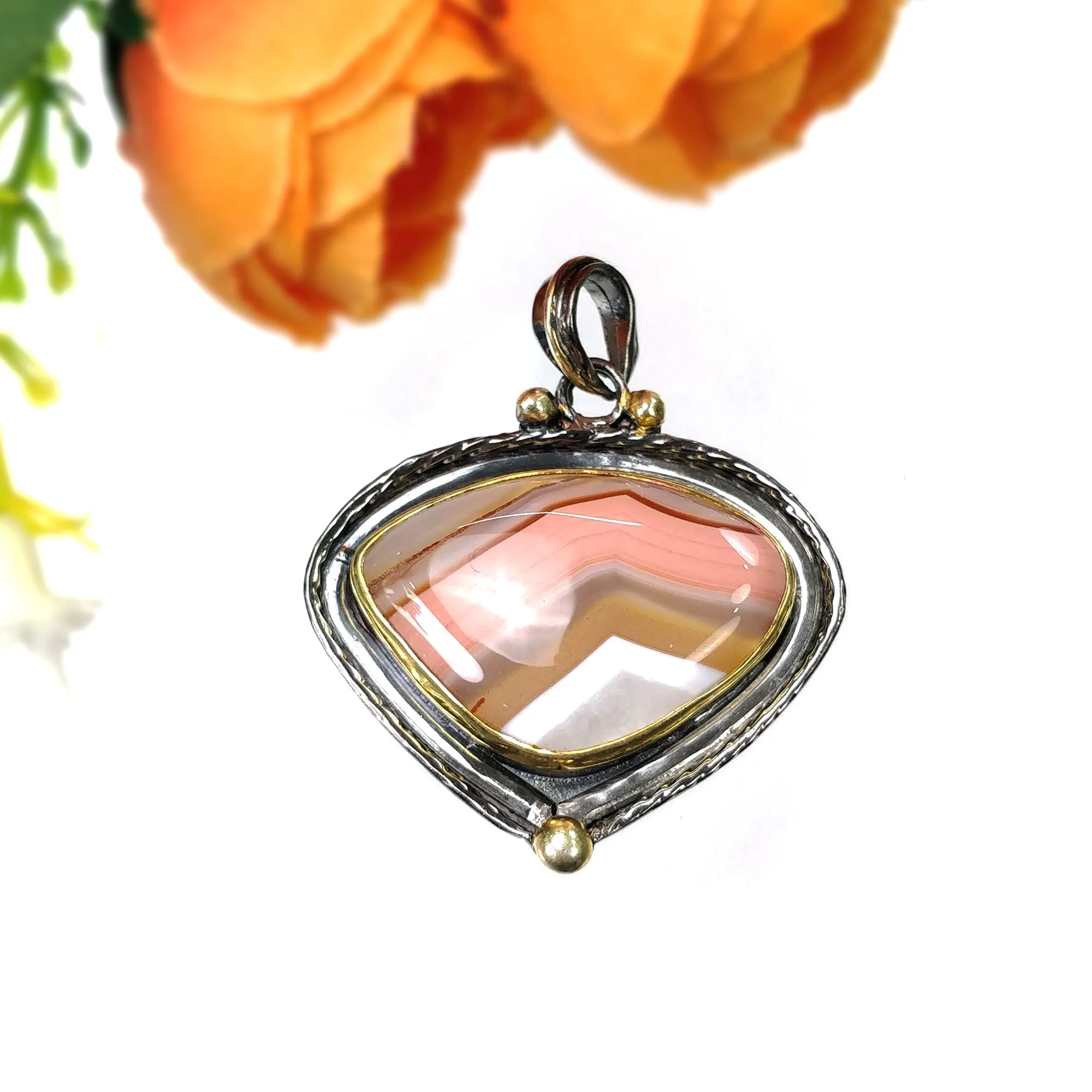 BOTSWANA AGATE 925 Sterling Silver Pendant : 13.61gms Natural Gemstone Victorian Gold Plated Bezel Set Pendant 1.75"