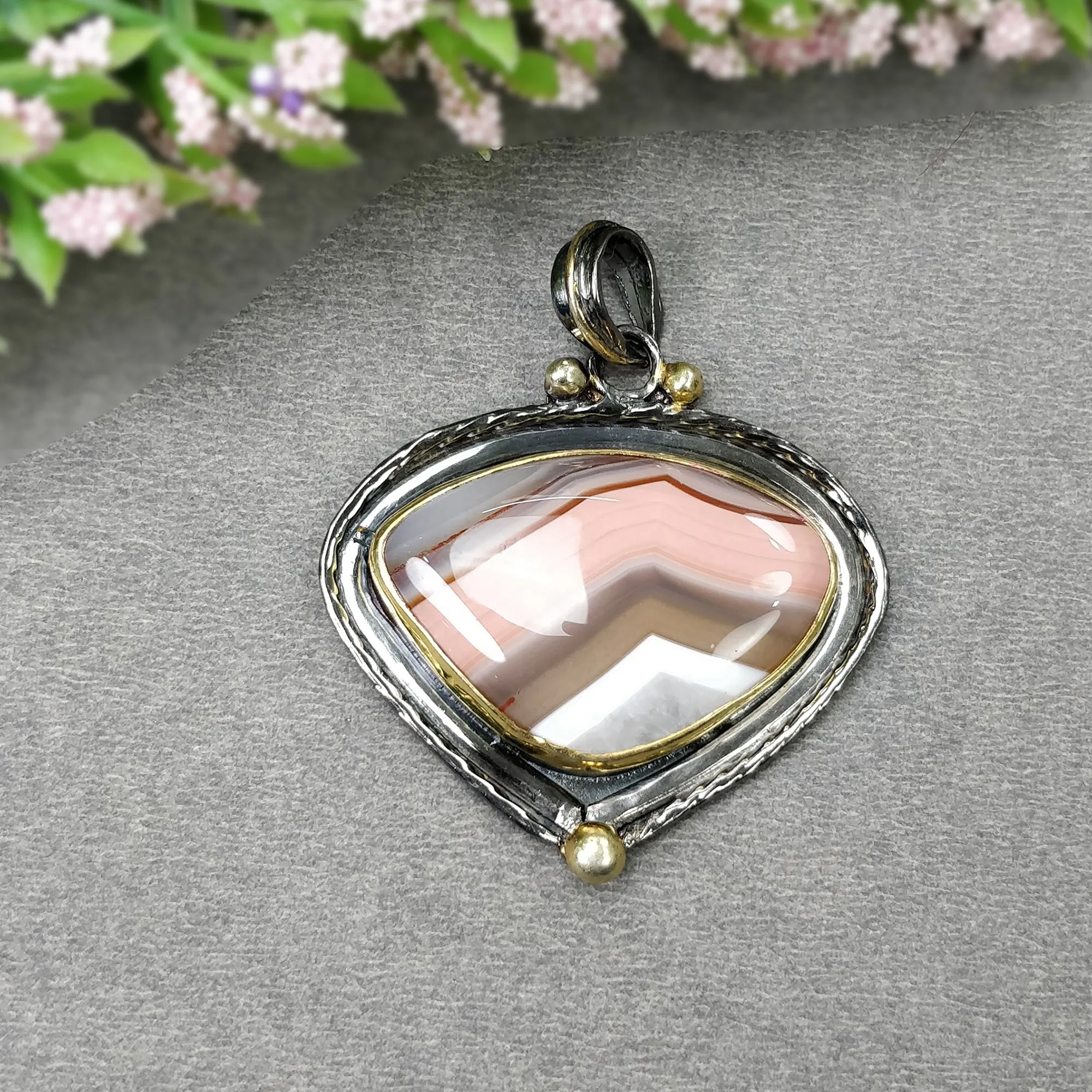 BOTSWANA AGATE 925 Sterling Silver Pendant : 13.61gms Natural Gemstone Victorian Gold Plated Bezel Set Pendant 1.75"