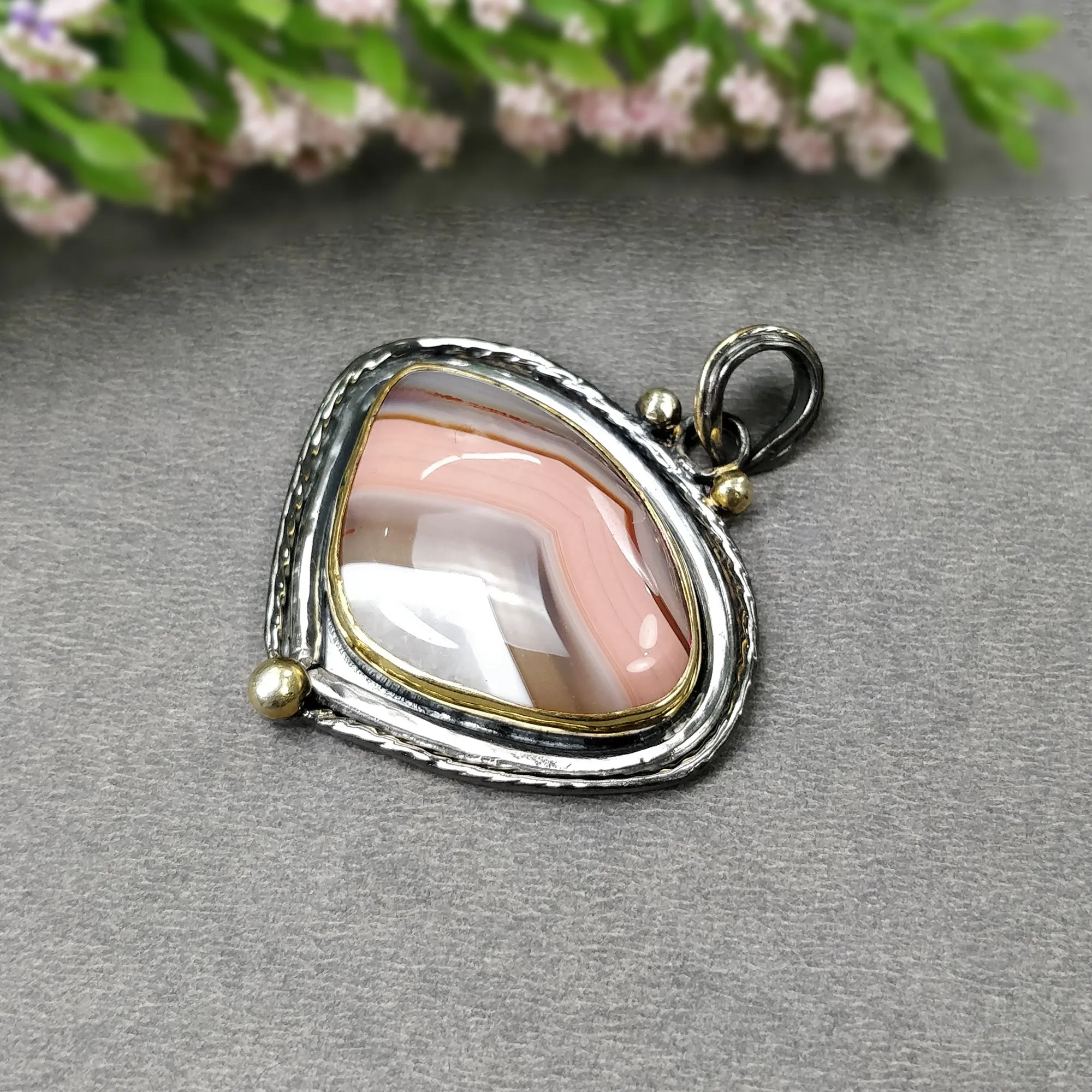 BOTSWANA AGATE 925 Sterling Silver Pendant : 13.61gms Natural Gemstone Victorian Gold Plated Bezel Set Pendant 1.75"