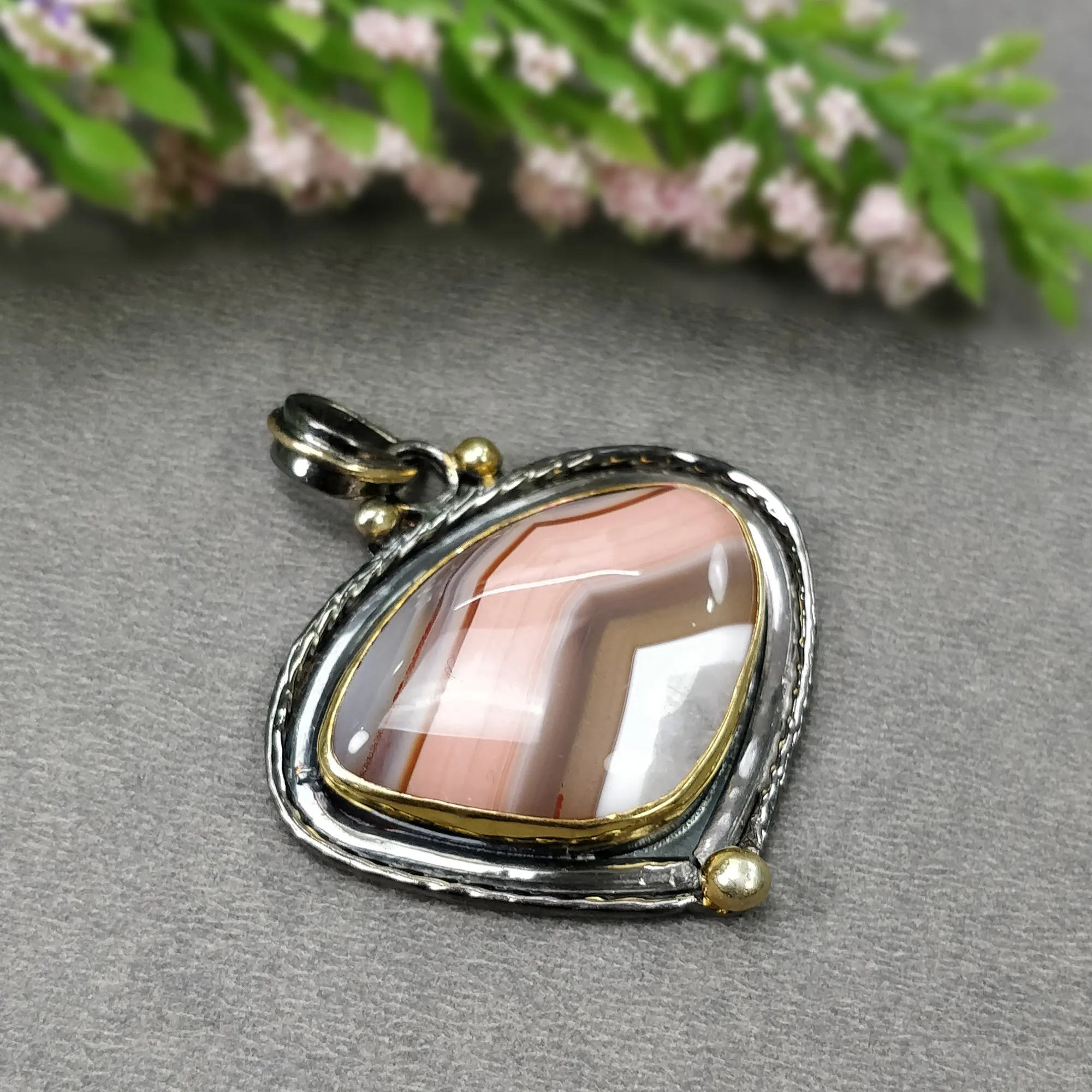 BOTSWANA AGATE 925 Sterling Silver Pendant : 13.61gms Natural Gemstone Victorian Gold Plated Bezel Set Pendant 1.75"