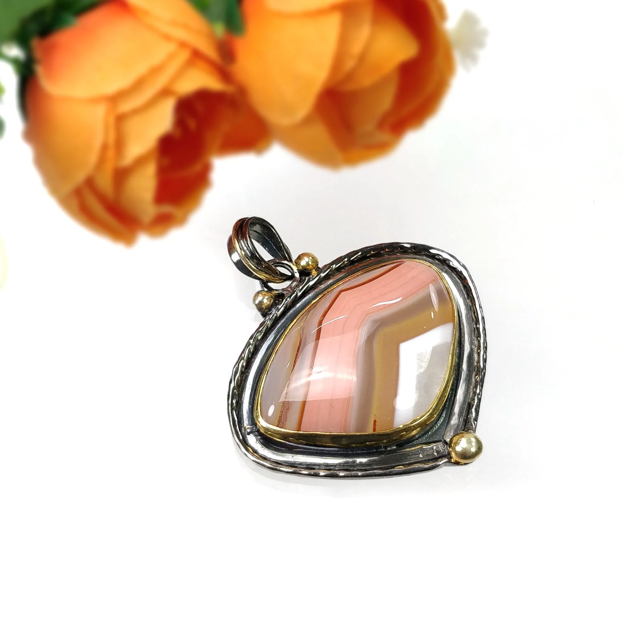 BOTSWANA AGATE 925 Sterling Silver Pendant : 13.61gms Natural Gemstone Victorian Gold Plated Bezel Set Pendant 1.75"