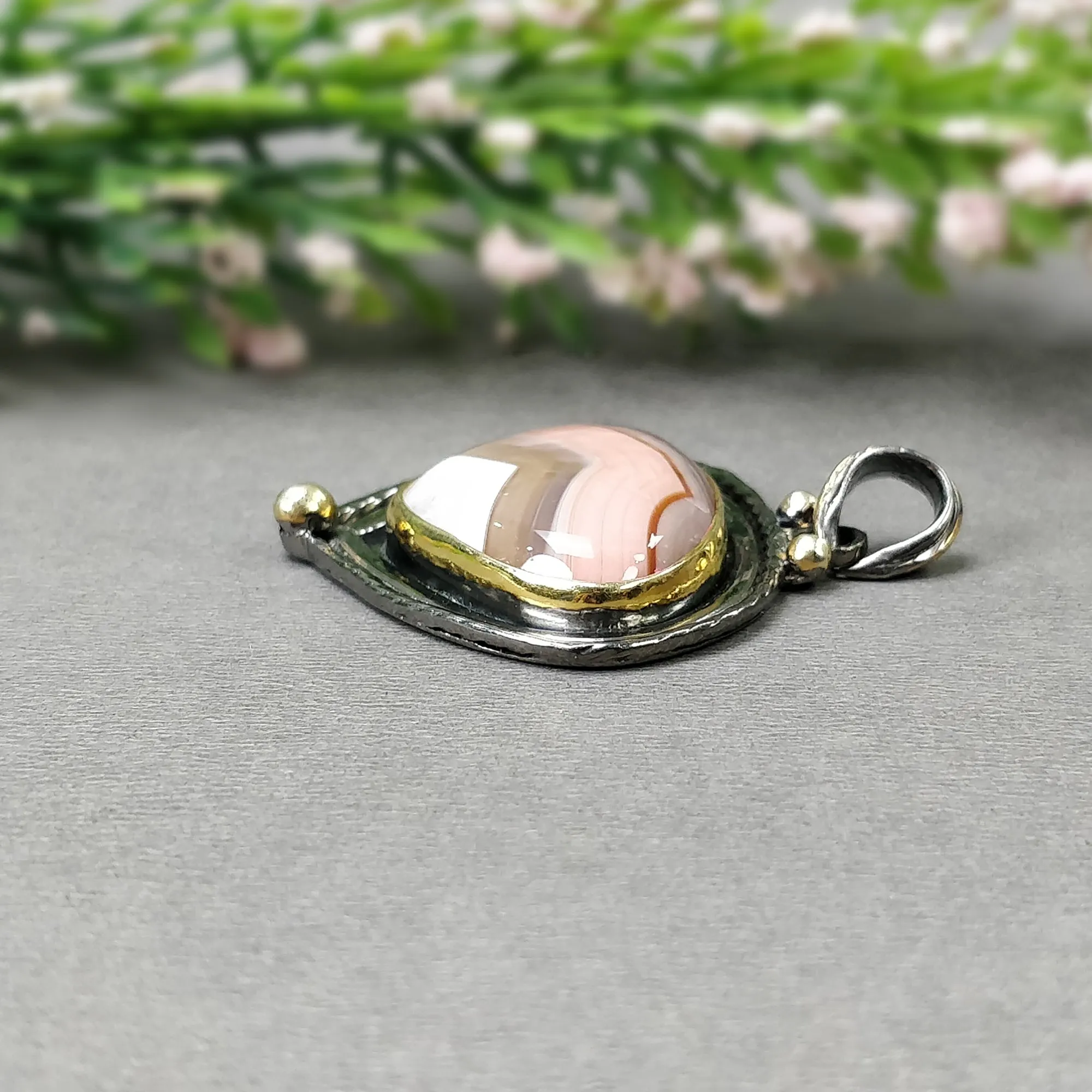 BOTSWANA AGATE 925 Sterling Silver Pendant : 13.61gms Natural Gemstone Victorian Gold Plated Bezel Set Pendant 1.75"