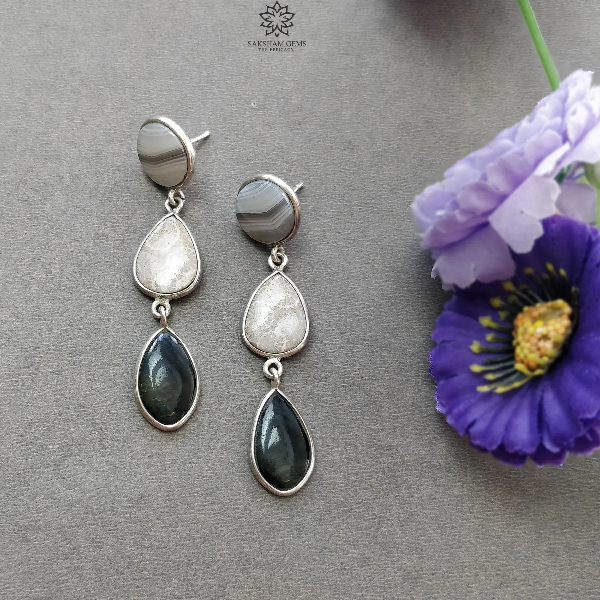 BOTSWANA AGATE Gemstone Earrings : 9.60gms Natural 925 Sterling Silver Bi-Color Bezel Set Drop Dangle Push Back Earring 2.5"