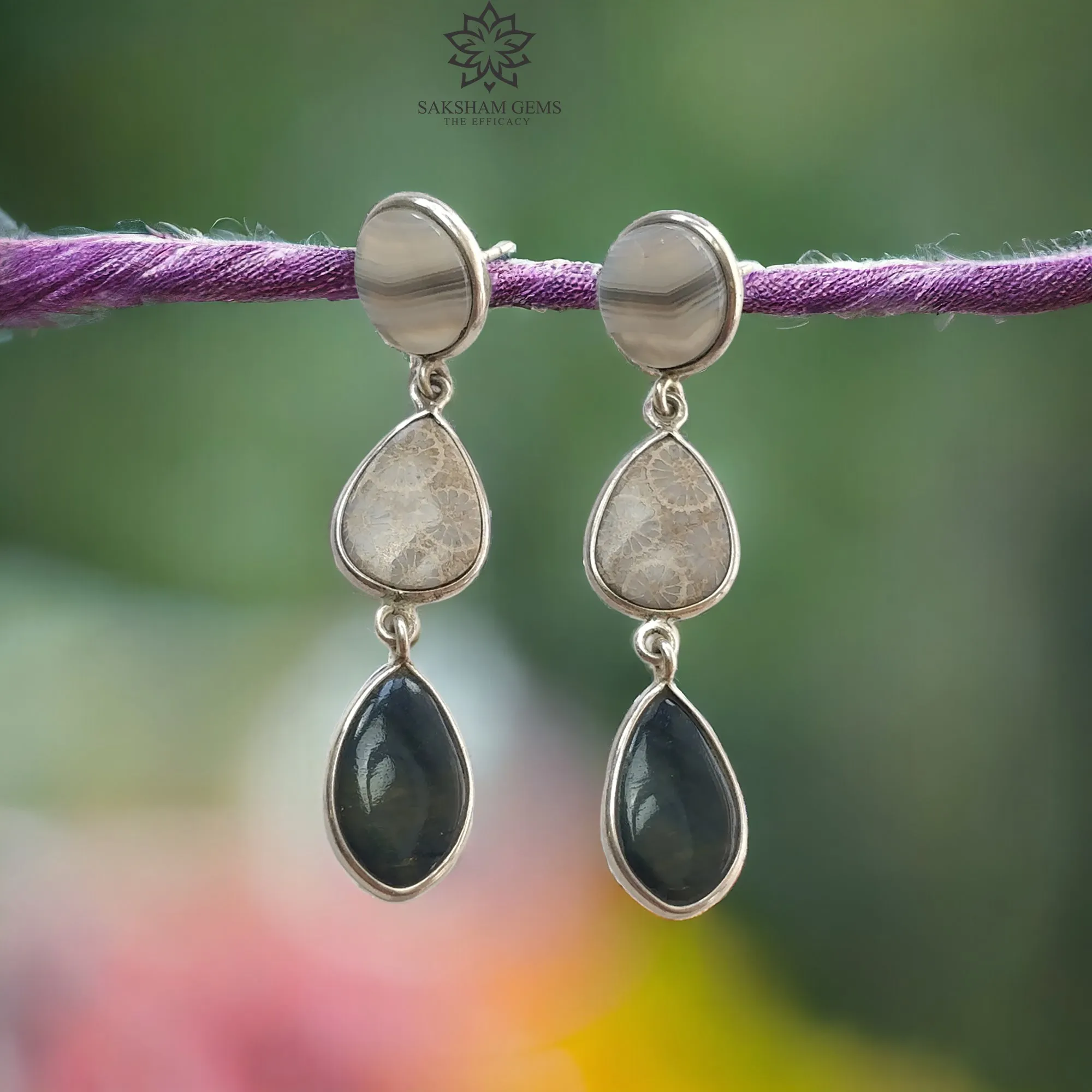 BOTSWANA AGATE Gemstone Earrings : 9.60gms Natural 925 Sterling Silver Bi-Color Bezel Set Drop Dangle Push Back Earring 2.5"