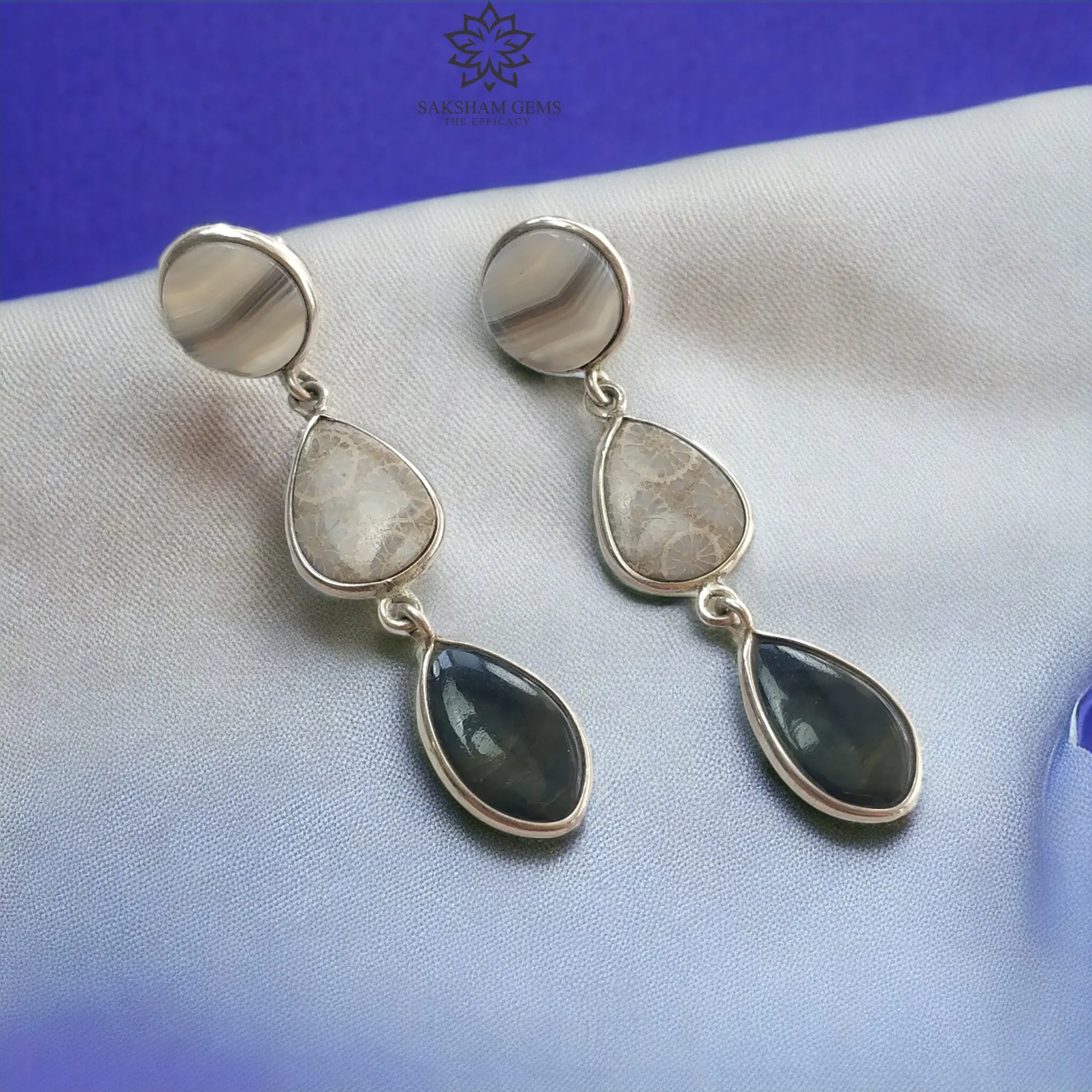 BOTSWANA AGATE Gemstone Earrings : 9.60gms Natural 925 Sterling Silver Bi-Color Bezel Set Drop Dangle Push Back Earring 2.5"