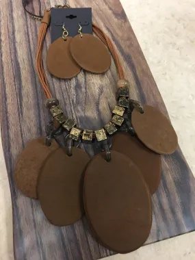 Brown Suede Oval Drop Necklace Set