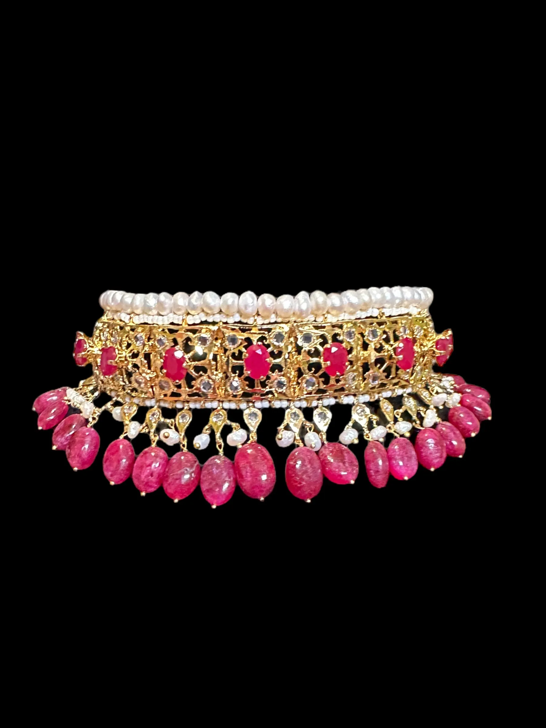 C267 Insia Hyderabadi jadavi lacha choker with fresh water  pearls and rubies ( READY TO SHIP)